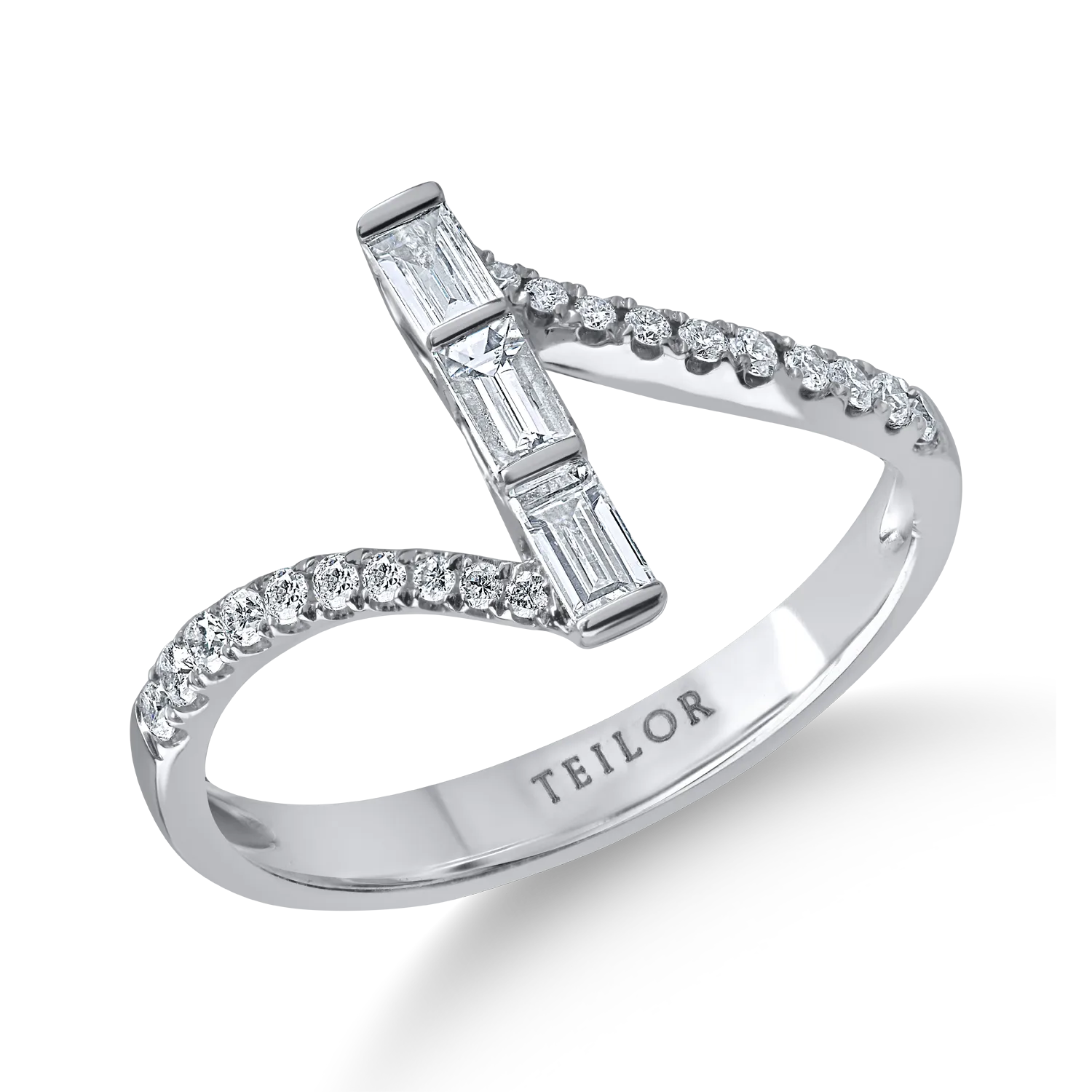 Pierścionek geometryczny z białego złota z diamentami o szlifie baguette 0.27ct i okrągłymi 0.18ct