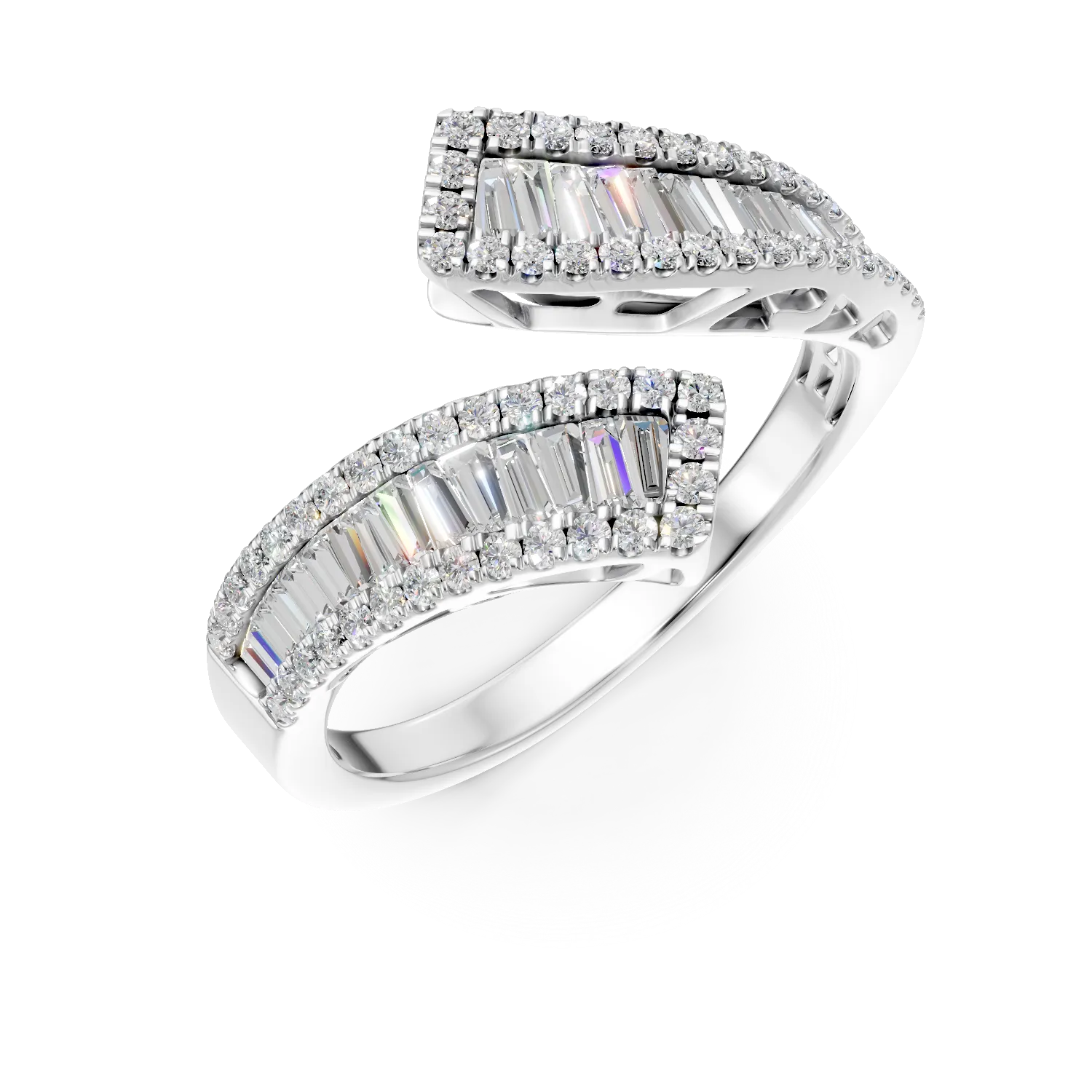 Inel deschis din aur alb cu diamante baguette si rotunde de 0.94ct