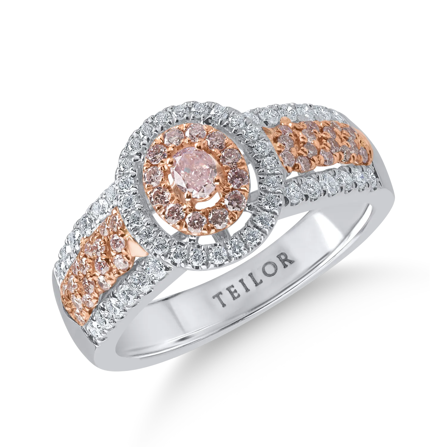White-rose gold ring with 0.71ct pink oval and round diamonds and clear diamonds-200453