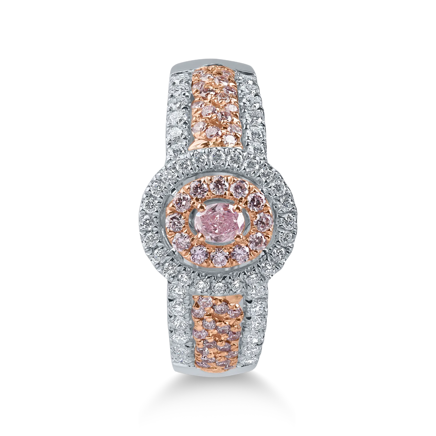 White-rose gold ring with 0.71ct pink oval and round diamonds and clear diamonds