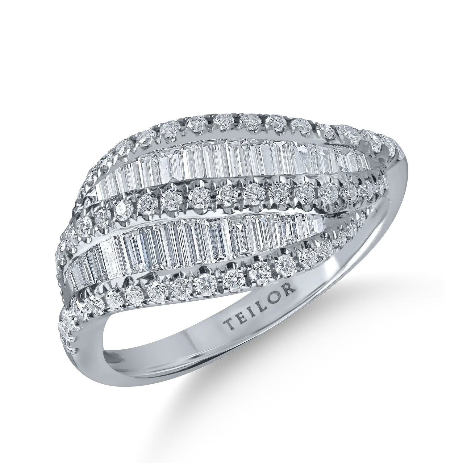 Inel din aur alb cu diamante baguette si rotunde de 0.93ct
