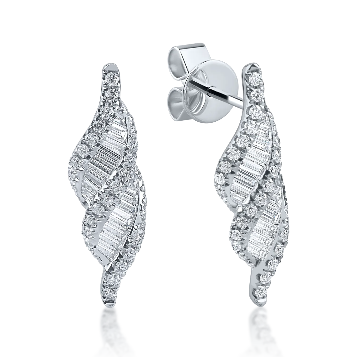 Cercei geometrici din aur alb cu diamante baguette de 0.46ct si diamante round de 0.37ct
