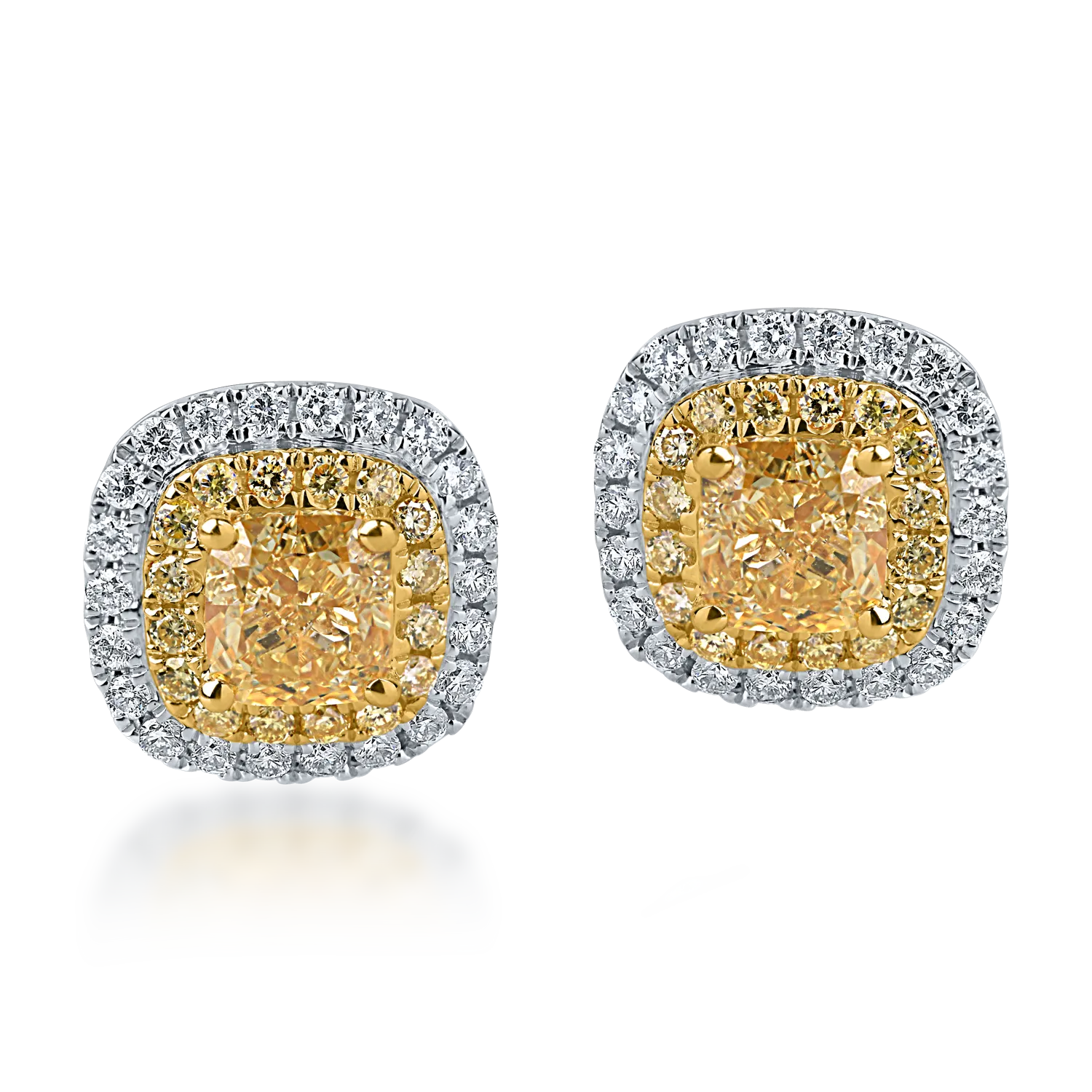 White and yellow gold earrings with yellow and colorless diamonds 1.37ct cushion and round-cut-200510