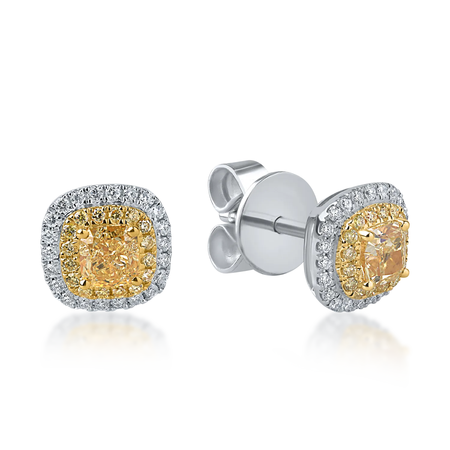White and yellow gold earrings with yellow and colorless diamonds 1.37ct cushion and round-cut