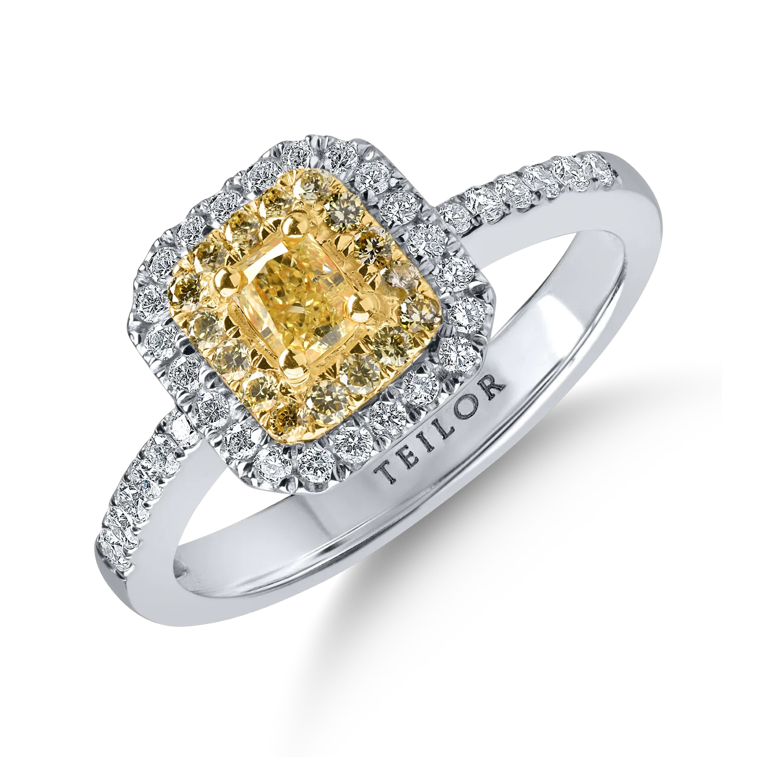 Fehér és sárga arany gyűrű sárga és színtelen gyémántokkal 0.67ct cushion és kerek csiszolással-200511