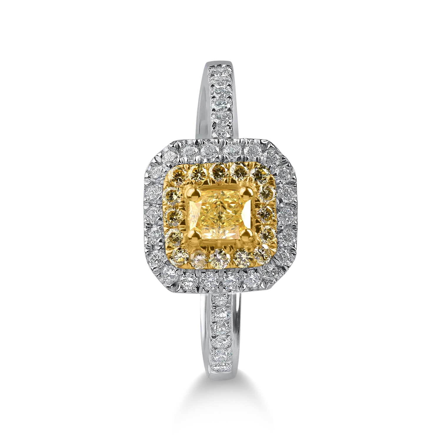 White and yellow gold ring with yellow and colorless diamonds 0.67ct cushion and round-cut