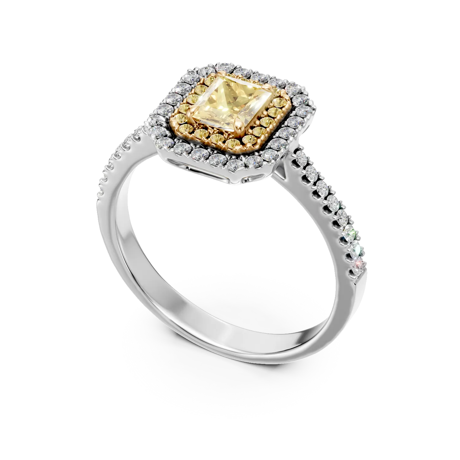 Pierscionek z bialo-zoltego zlota z prostokatnymi i okraglymi zoltymi diamentami 0.91ct oraz diamentami 0.28ct