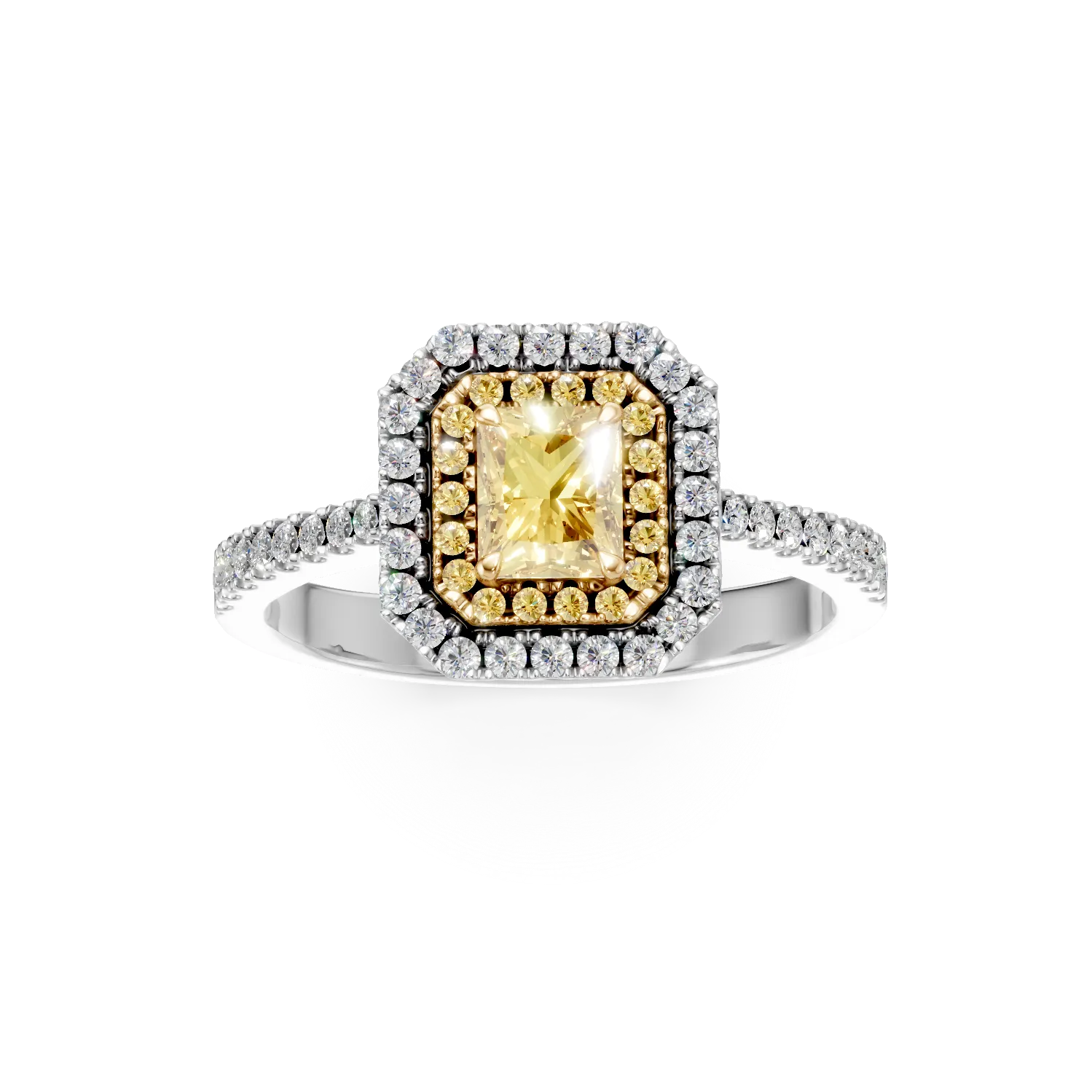 Pierscionek z bialo-zoltego zlota z prostokatnymi i okraglymi zoltymi diamentami 0.91ct oraz diamentami 0.28ct