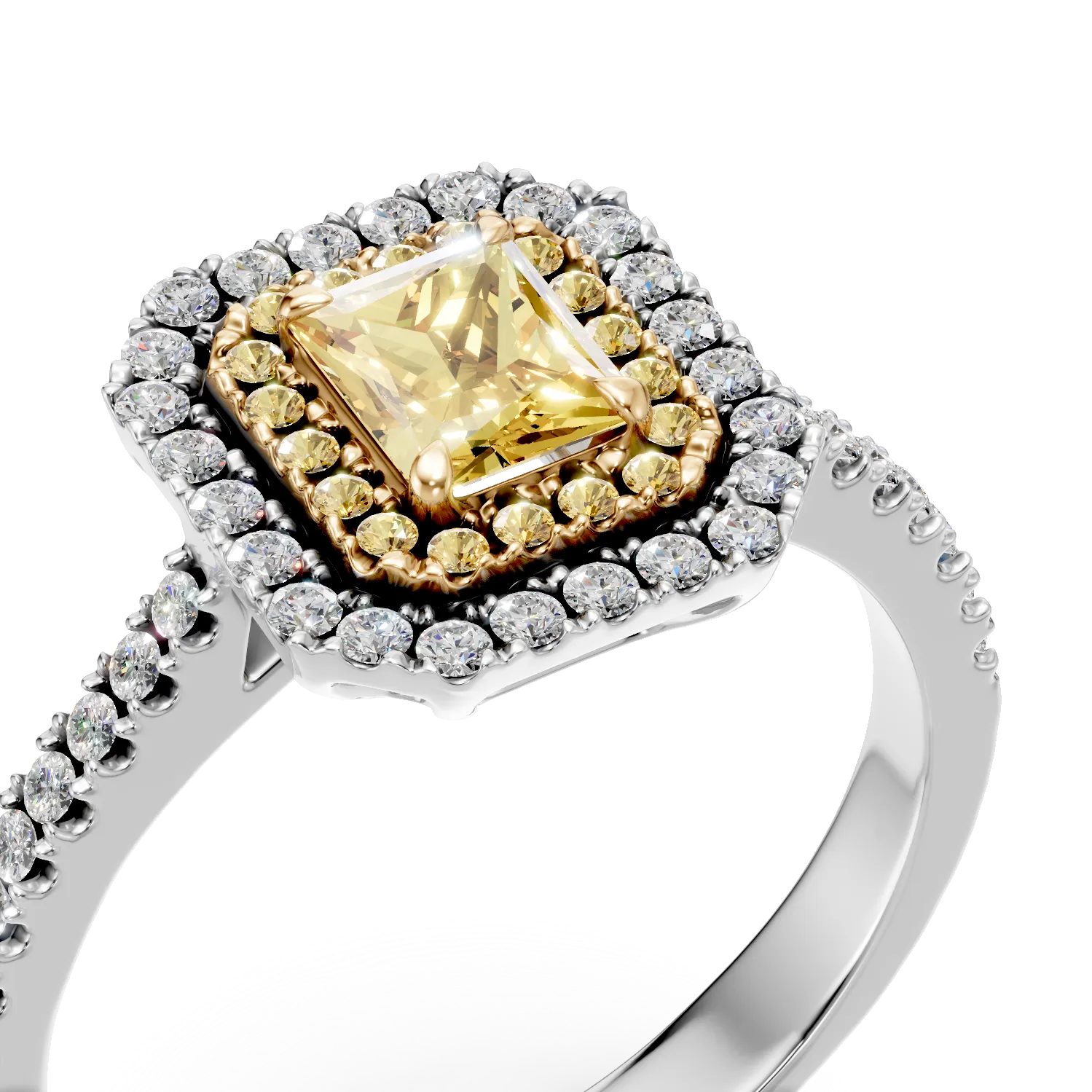 Pierscionek z bialo-zoltego zlota z prostokatnymi i okraglymi zoltymi diamentami 0.91ct oraz diamentami 0.28ct