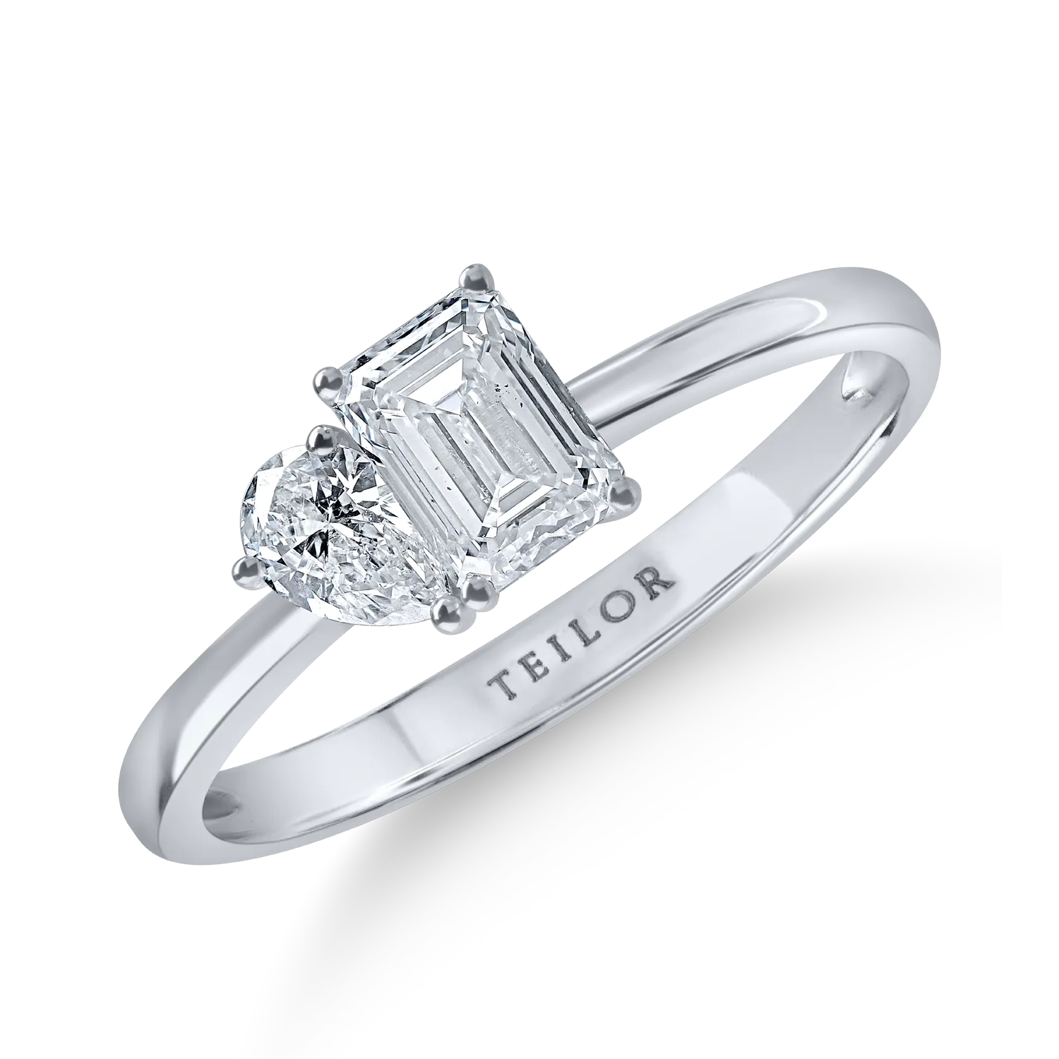 Inel minimalist din aur alb cu diamante emerald si pear de 0.92ct