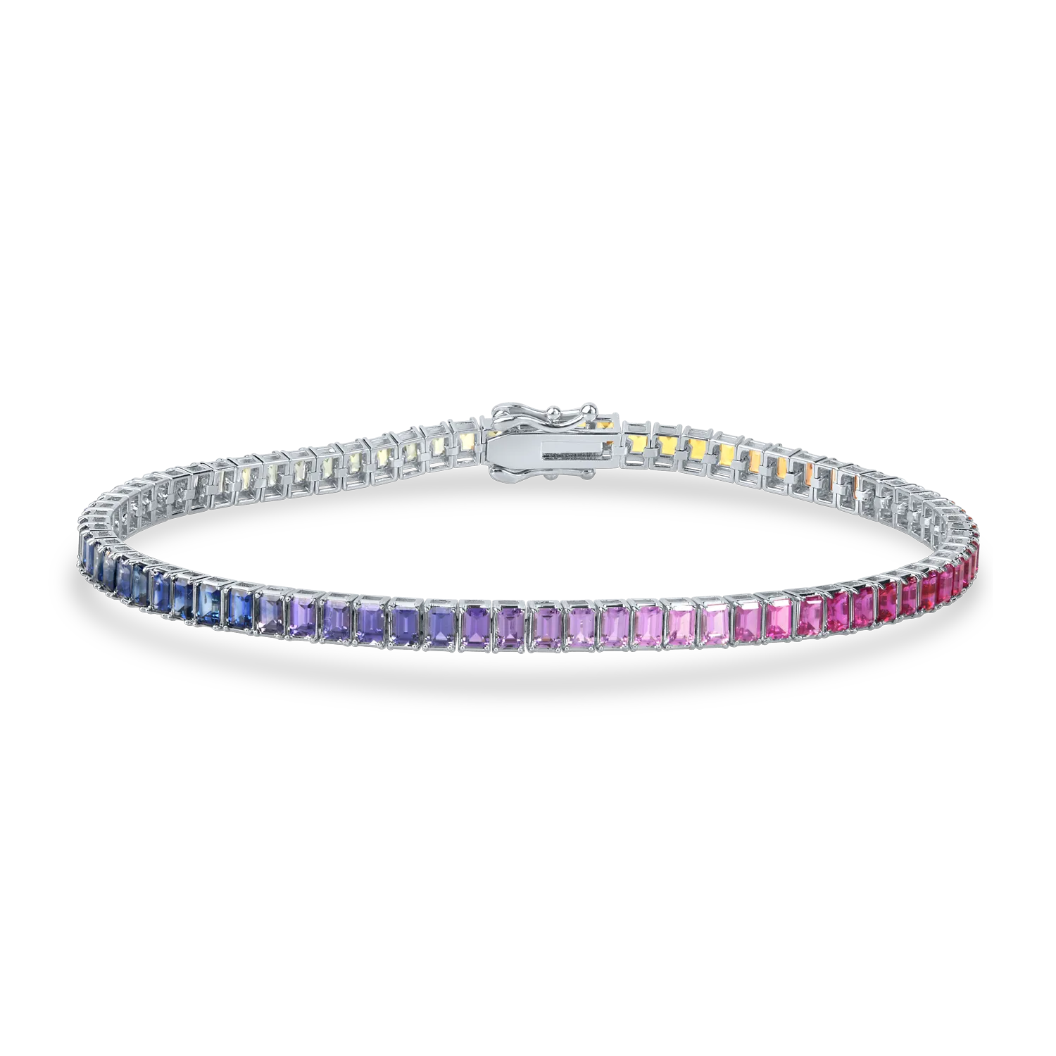 Feher arany tennis karkoto 6.57ct emerald csiszolasu tobbszinu safirokkal-200660