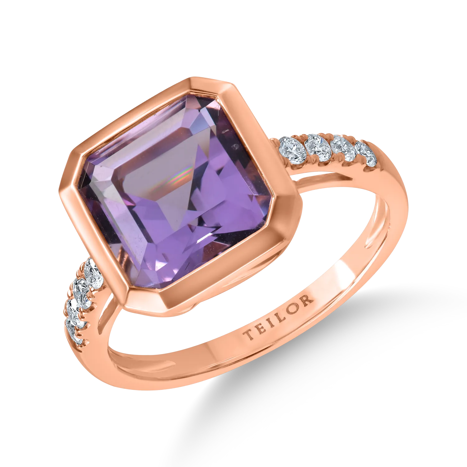 Inel din aur roz cu un ametist taietura square de 3.7ct si diamante de 0.19ct