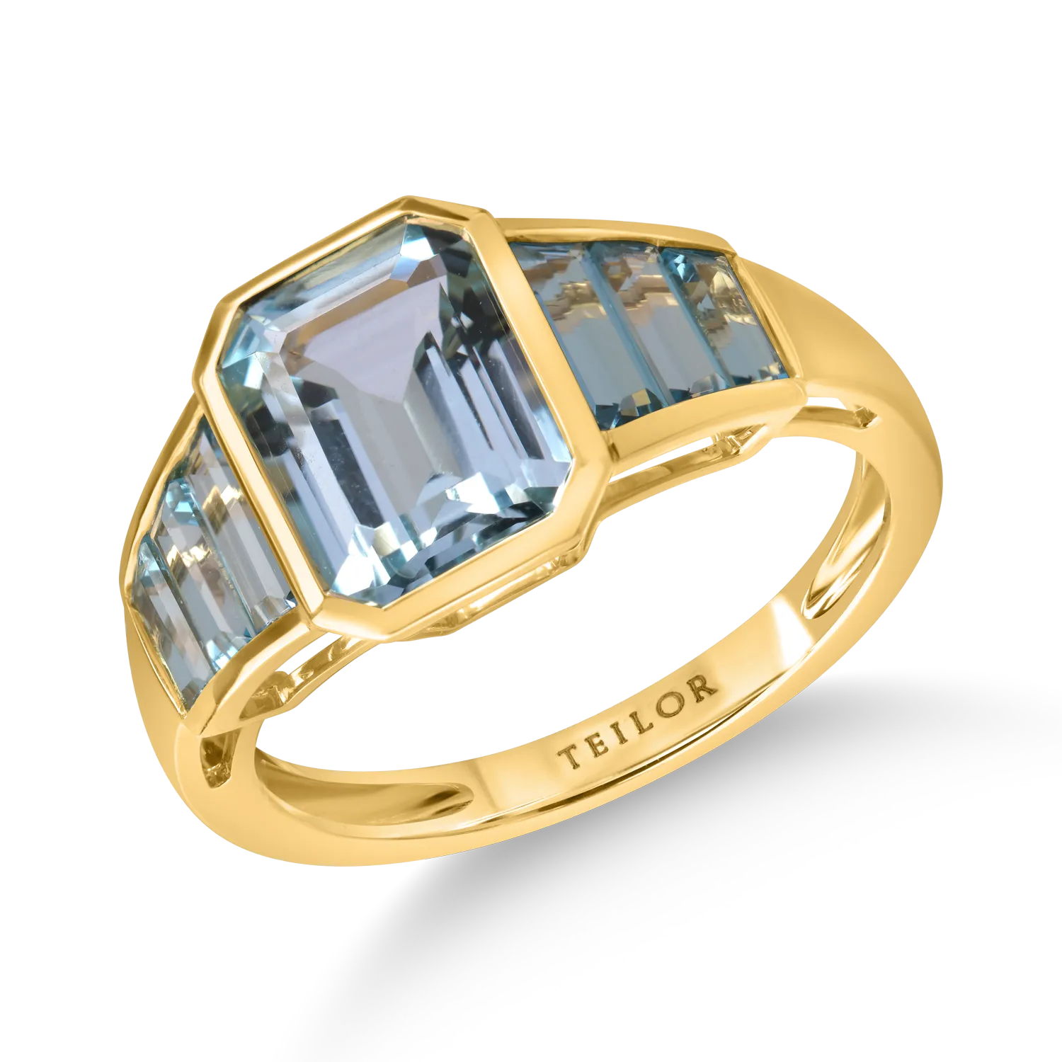 Inel din aur galben cu topaze albastre de 4ct taietura rectangular si baguette