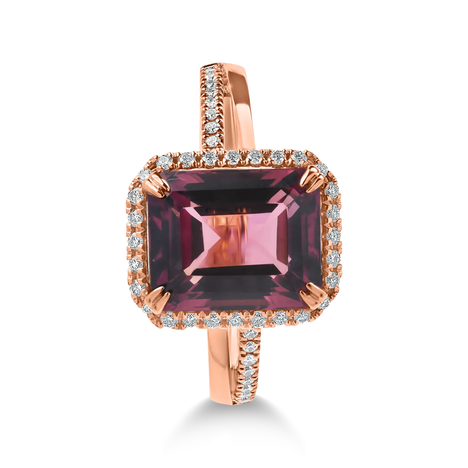 Rose gold ring with pink tourmaline, octagonal-cut, 4.85ct, and diamonds 0.23ct