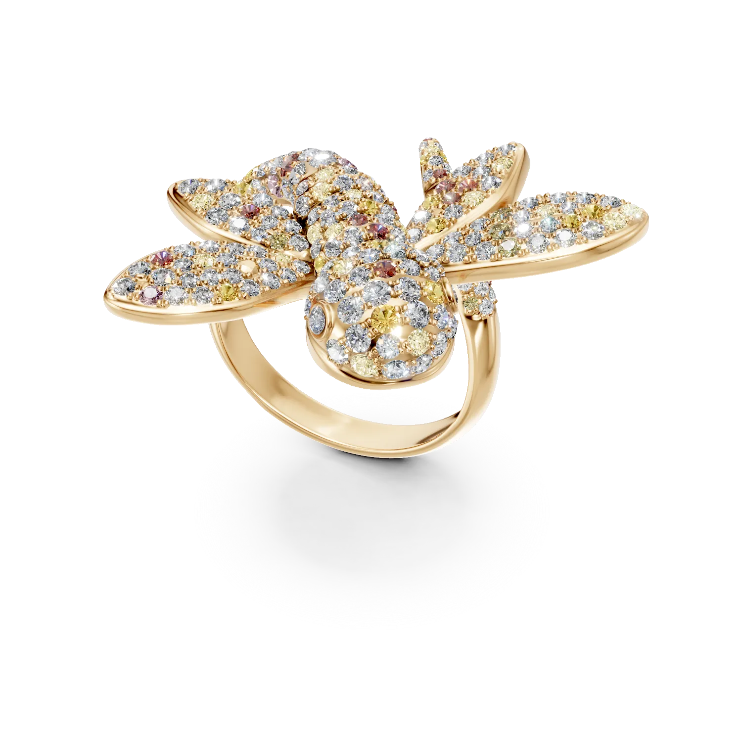 Pierścionek ważka z żółtego złota z wielokolorowymi diamentami 1.81ct