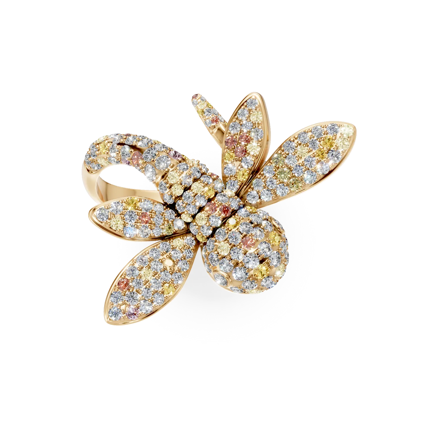 Pierścionek ważka z żółtego złota z wielokolorowymi diamentami 1.81ct