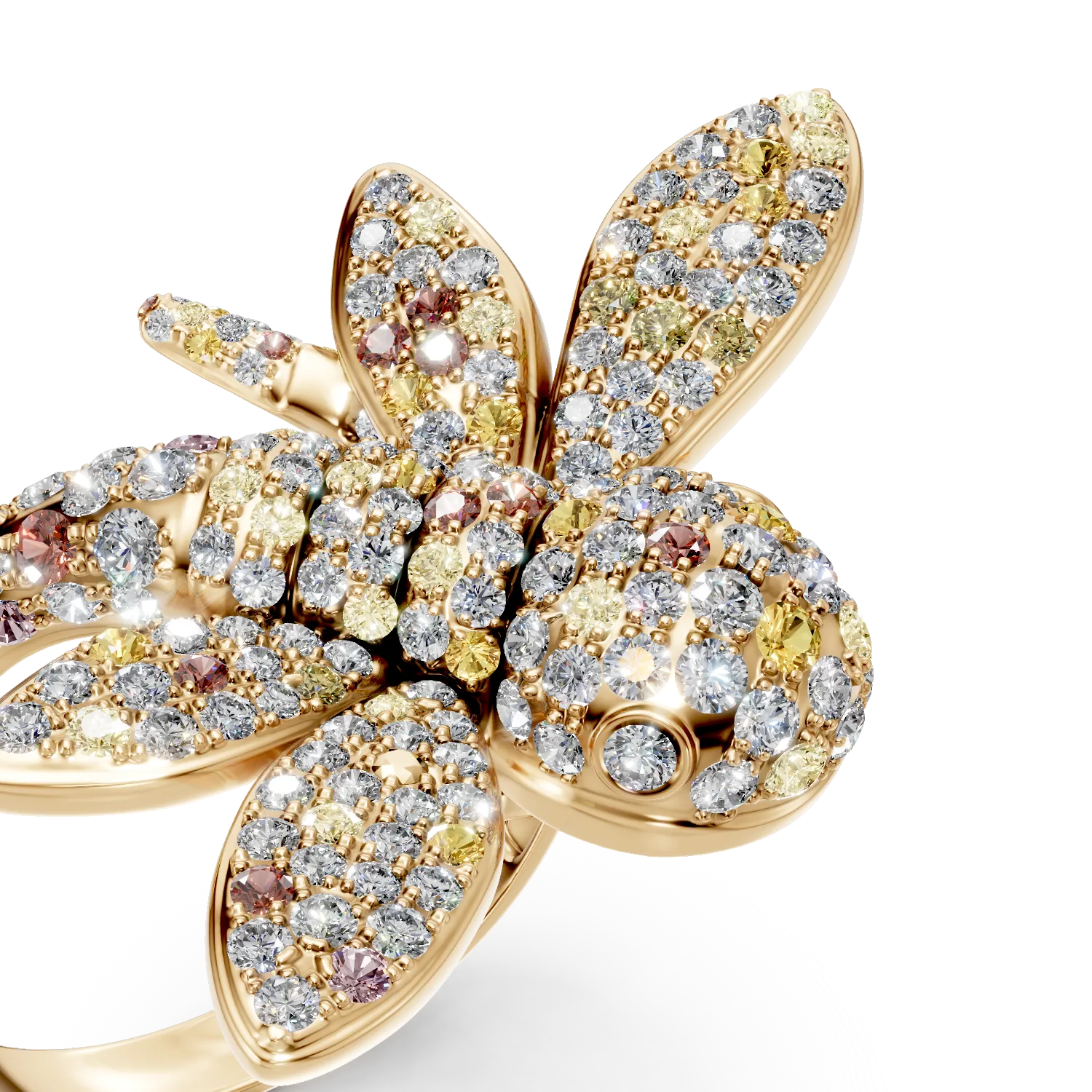 Pierścionek ważka z żółtego złota z wielokolorowymi diamentami 1.81ct