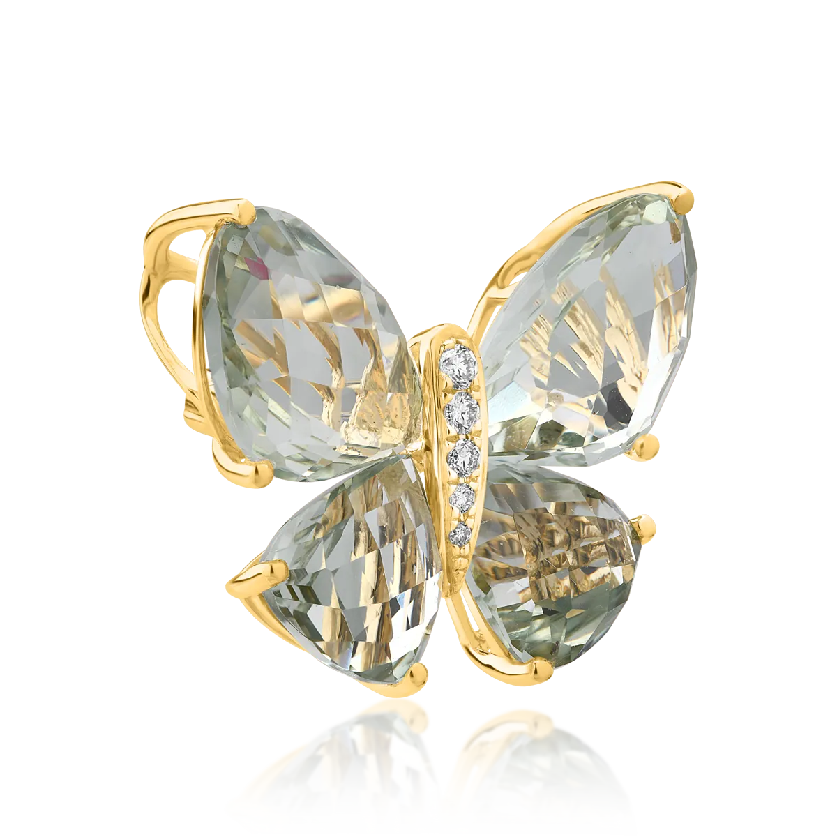 Yellow gold butterfly brooch with green amethyst 12.2ct and diamonds 0.07ct