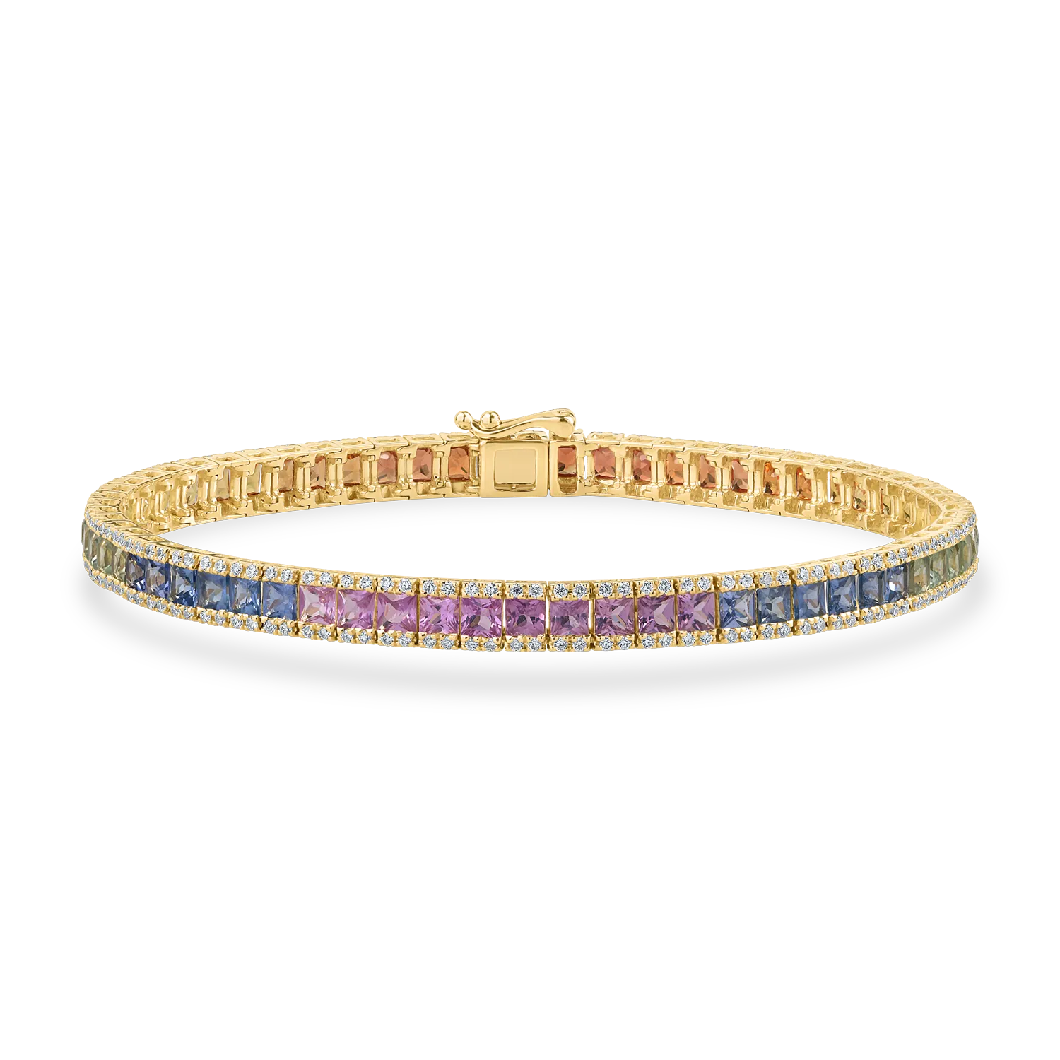 Yellow gold tennis bracelet with multicolored square-cut sapphires 9.18ct-201354