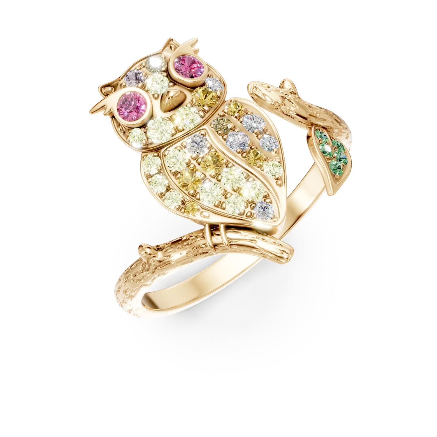 Inel cu bufnita din aur galben cu pietre pretioase si semipretioase de 0.58ct