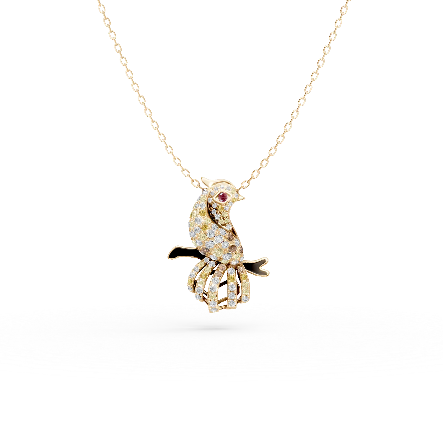 Lant cu pandantiv pasare din aur galben cu diamante multicolore de 0.16ct si rubin de 0.03ct