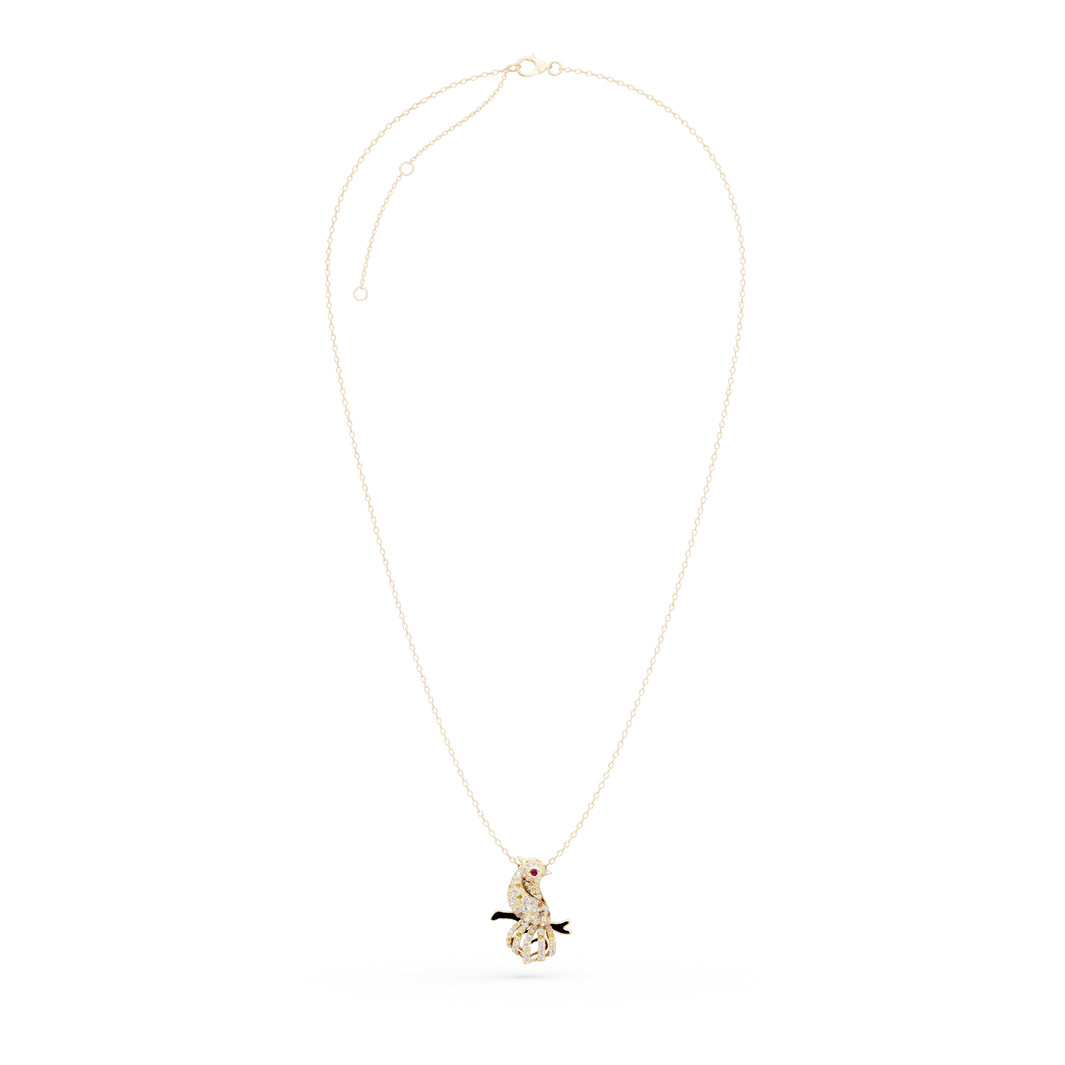 Yellow gold bird pendant necklace with multicolored diamonds 0.16ct and ruby 0.03ct