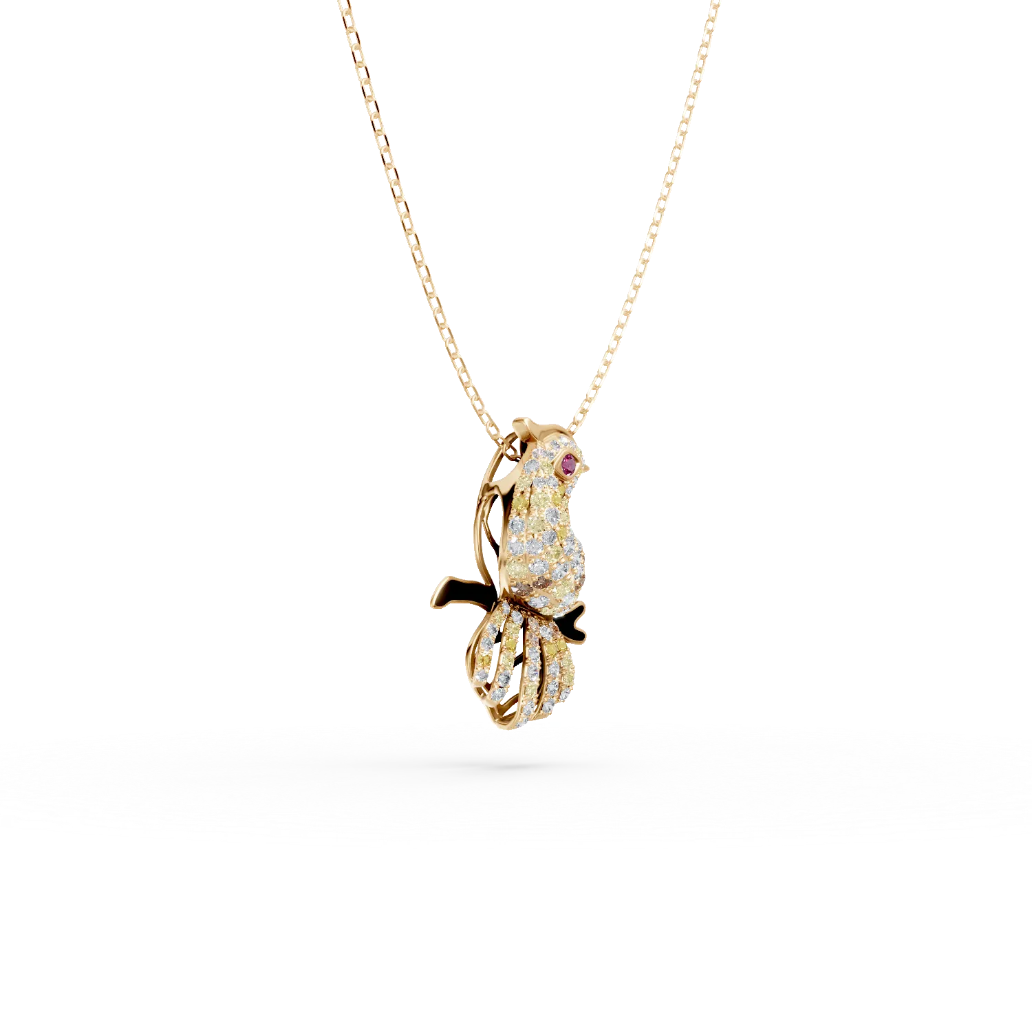 Yellow gold bird pendant necklace with multicolored diamonds 0.16ct and ruby 0.03ct
