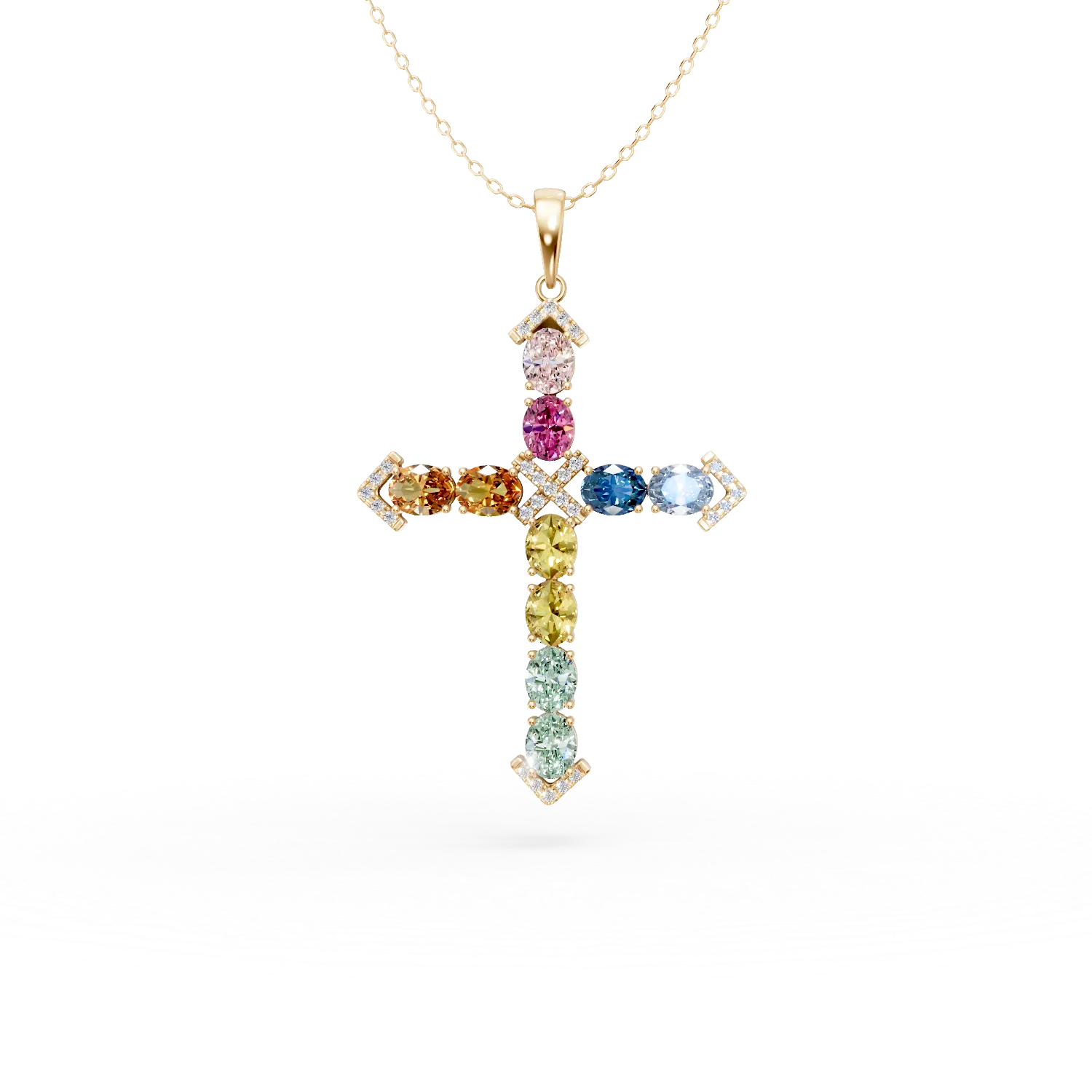 Lant cu pandantiv cruce din aur galben cu safire multicolore ovale de 4.2ct si diamante de 0.17ct
