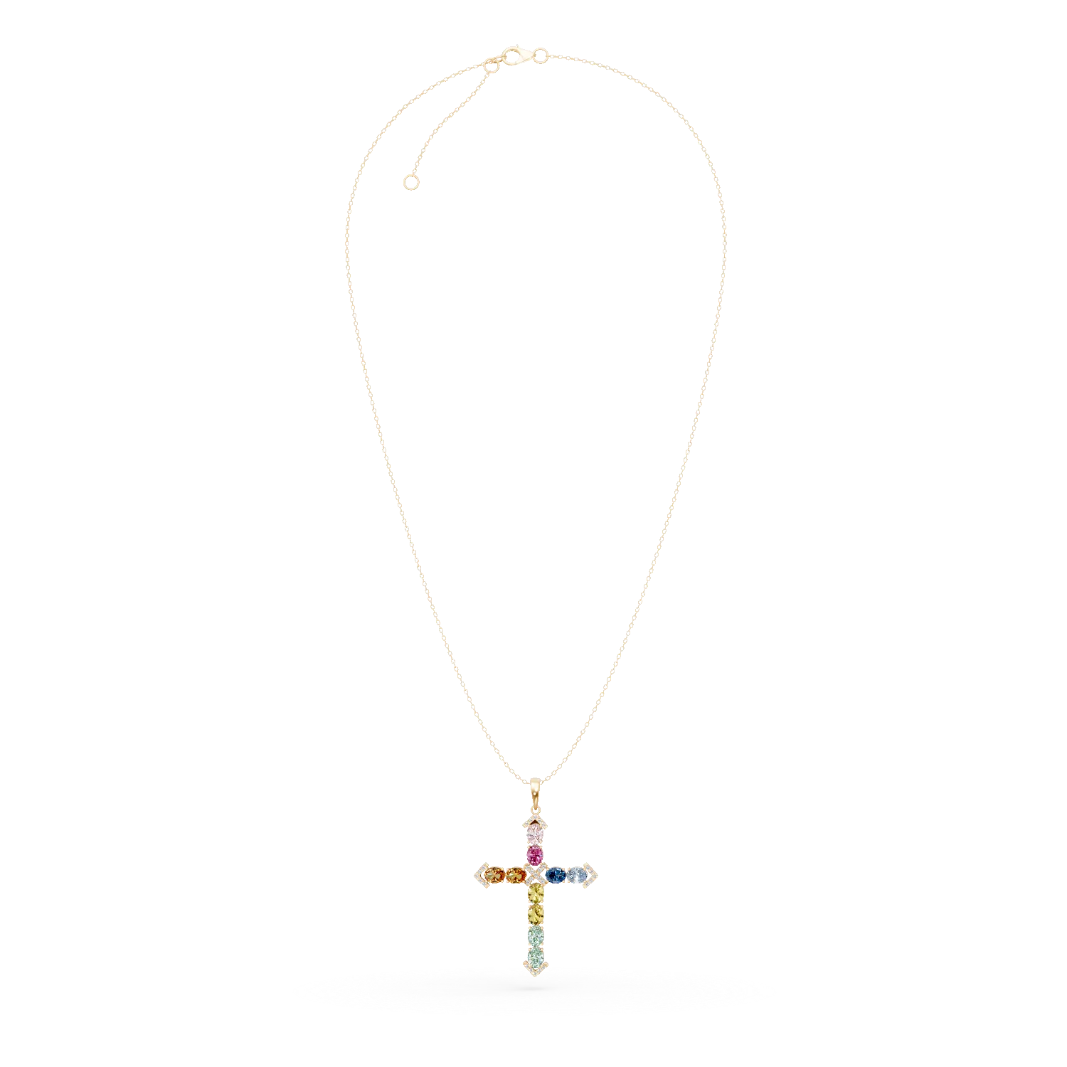 Lant cu pandantiv cruce din aur galben cu safire multicolore ovale de 4.2ct si diamante de 0.17ct