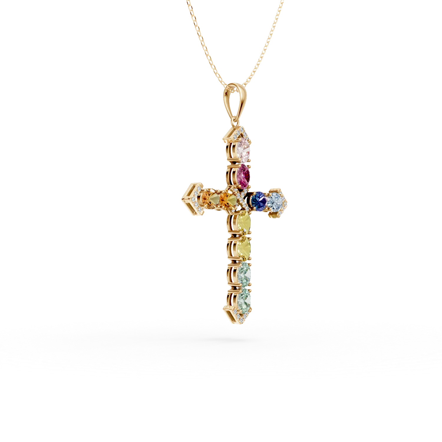 Lant cu pandantiv cruce din aur galben cu safire multicolore ovale de 4.2ct si diamante de 0.17ct