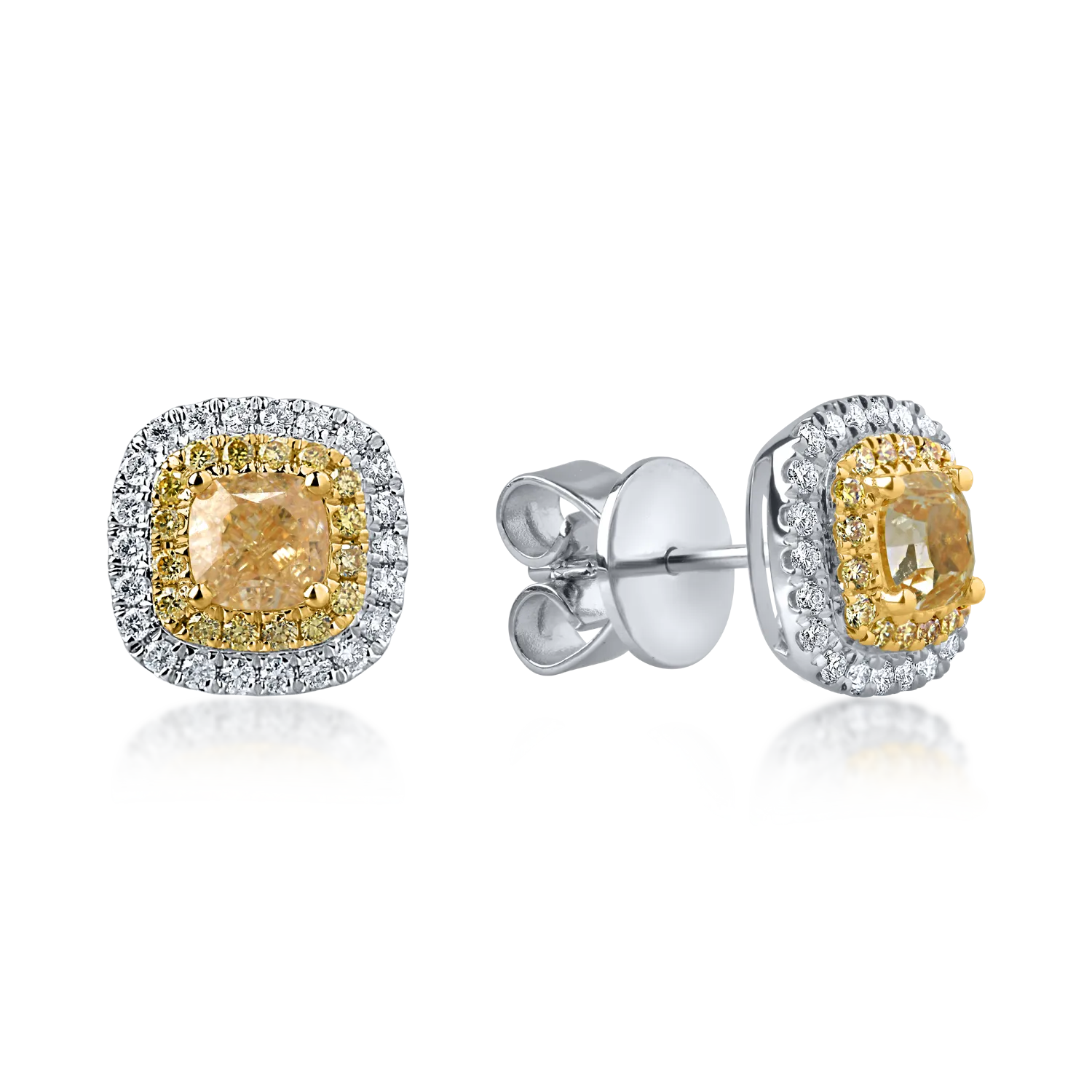 Teilor Cercei din aur alb-galben cu diamante galbene cushion si rotunde si diamante incolore de 1.61ct