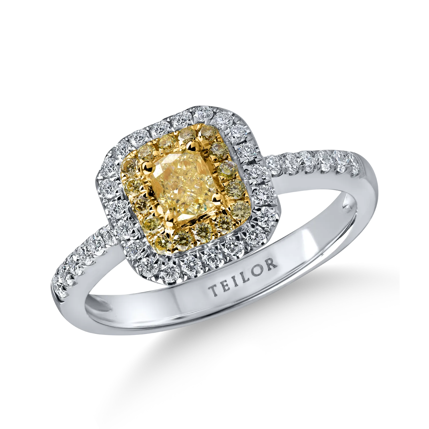 Inel din aur alb-galben cu diamante galbene cushion si rotunde si diamante incolore de 0.67ct
