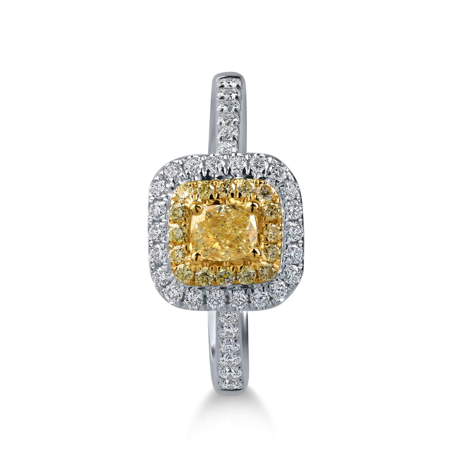 Inel din aur alb-galben cu diamante galbene cushion si rotunde si diamante incolore de 0.67ct