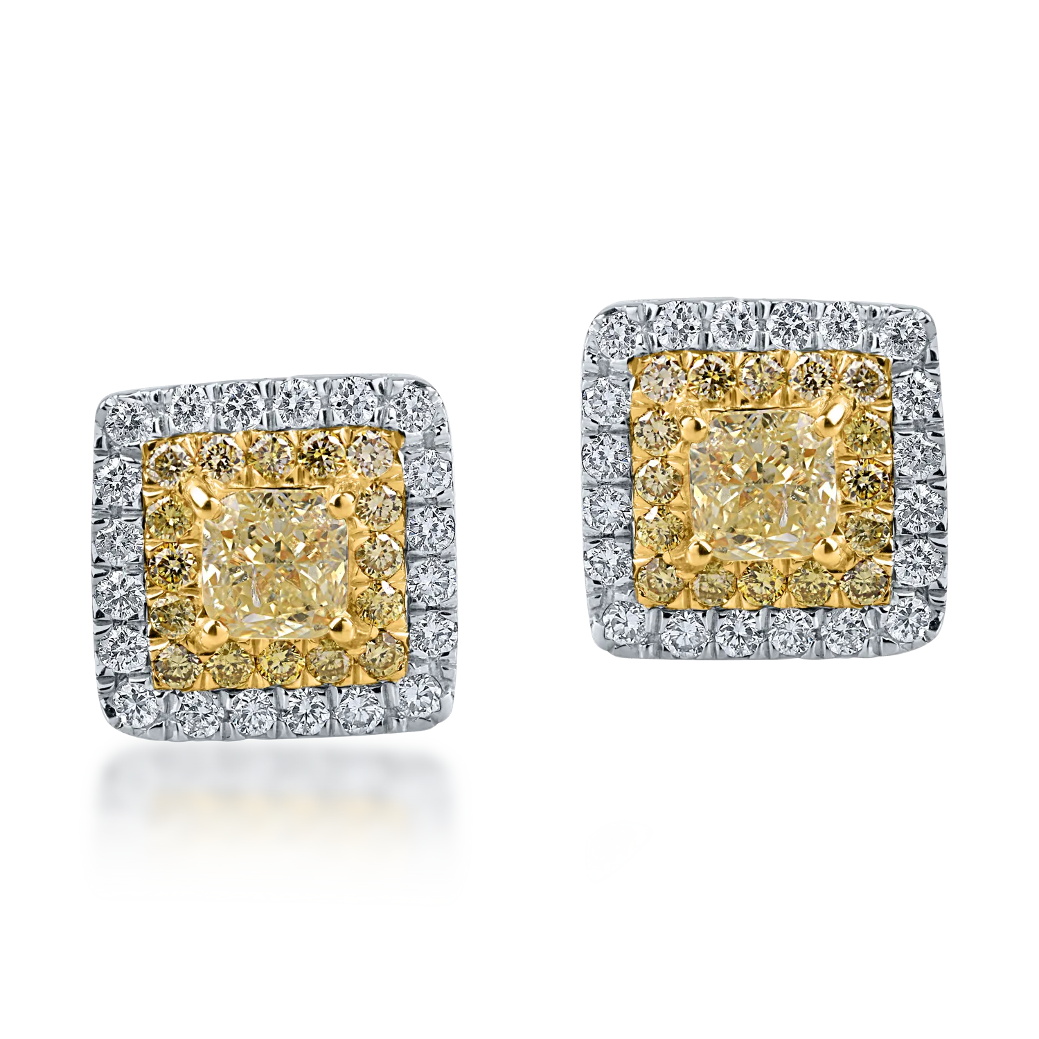 White and yellow gold earrings with yellow and colorless diamonds 1.31ct cushion and round-cut-200868