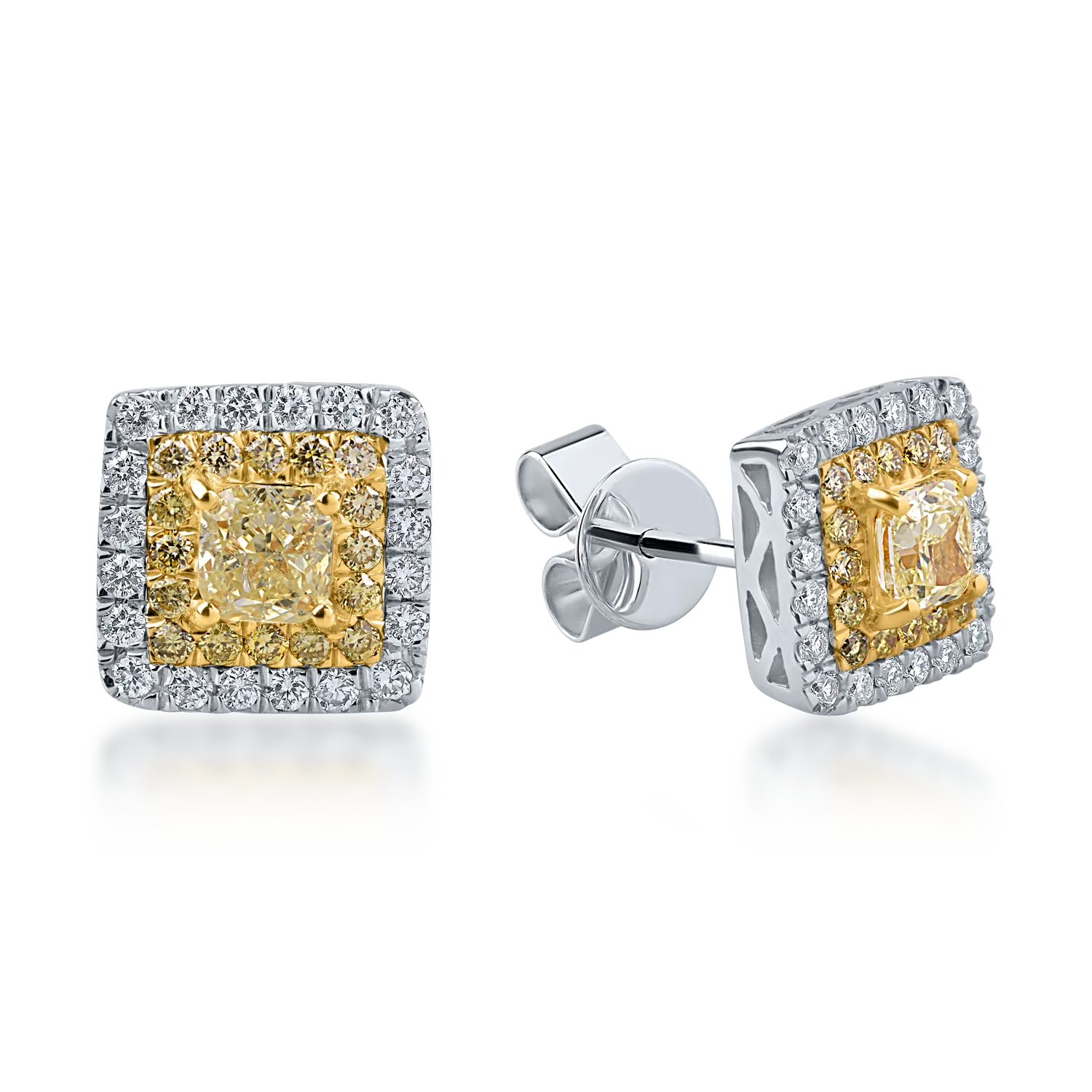 White and yellow gold earrings with yellow and colorless diamonds 1.31ct cushion and round-cut