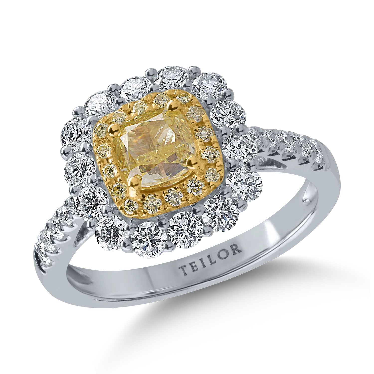 Teilor Inel din aur alb-galben cu diamante galbene cushion si rotunde si diamante incolore de 1.82ct