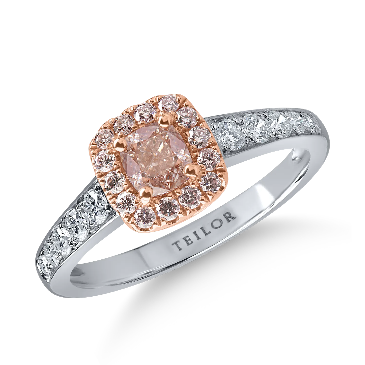 Inel din aur alb-roz cu diamante roz cushion si rotunde si diamante incolore de 0.97ct