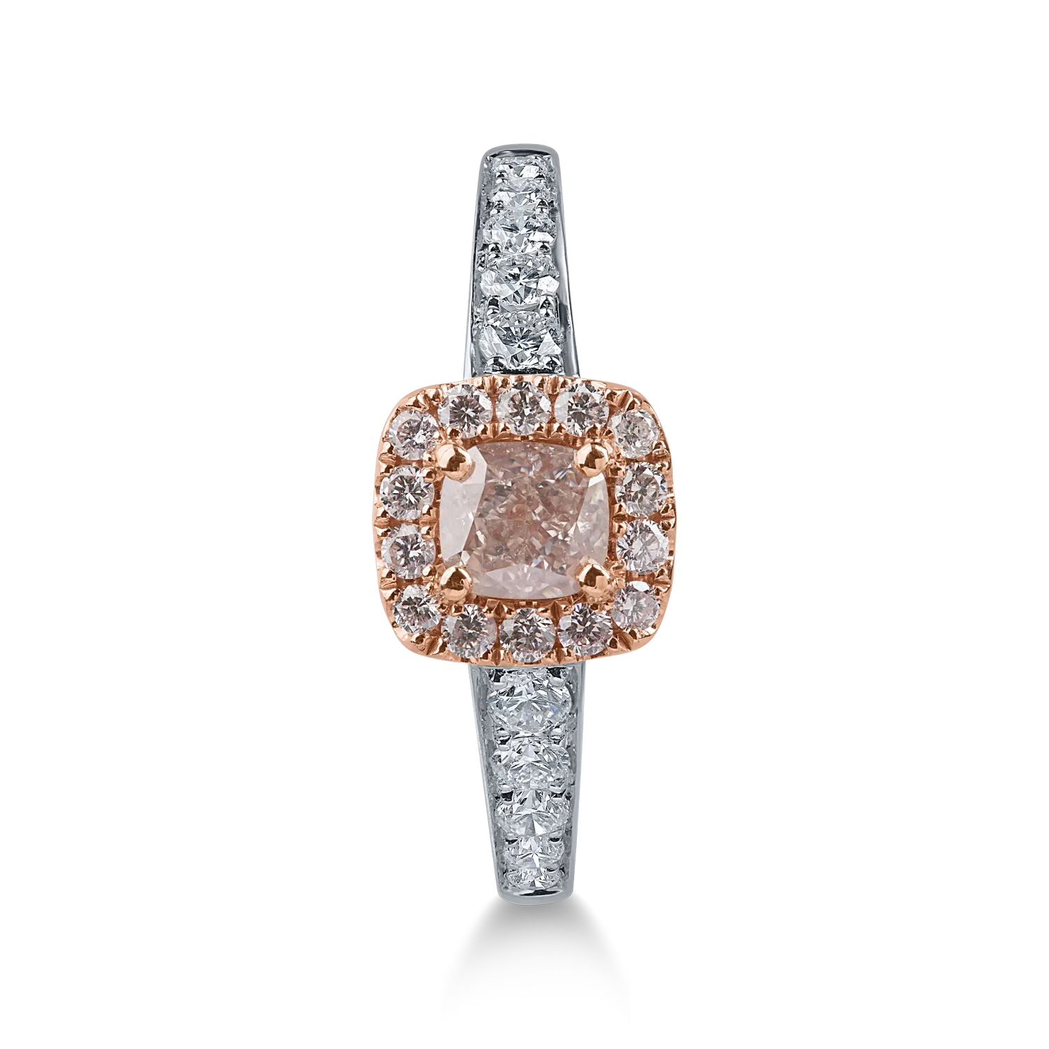 Feher-rozearany gyuru 0.97ct roz cushion es kor alaku gyemantokkal es szintelen gyemantokkal