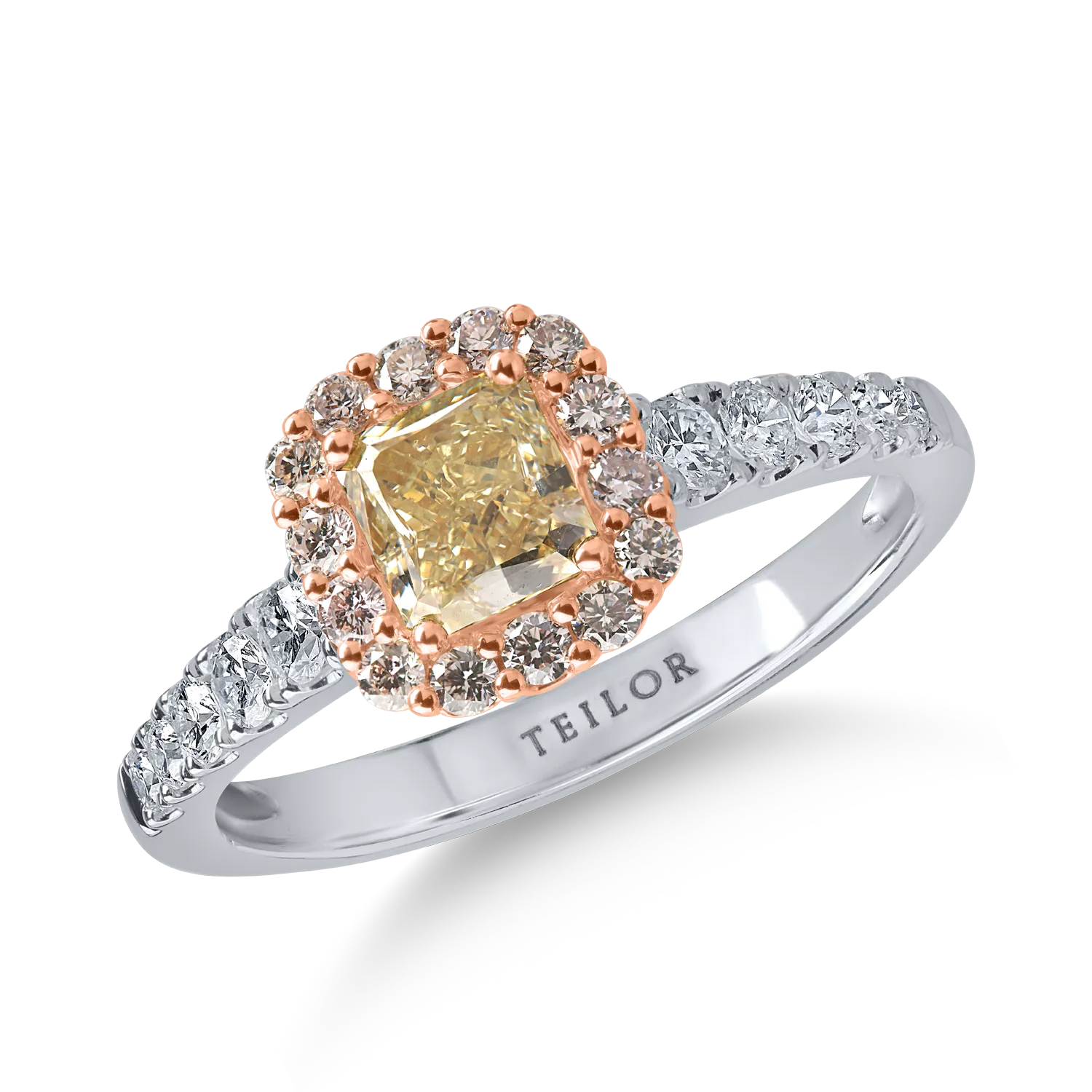 Inel din aur alb-roz cu diamant galben cushion de 0.72ct si diamante roz si incolore de 0.54ct
