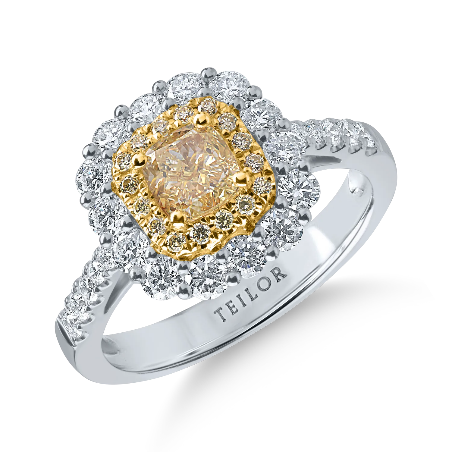 Fehér és sárga arany gyűrű sárga cushion csiszolású gyémánttal 0.71ct és sárga és színtelen gyémántokkal 0.98ct-200888