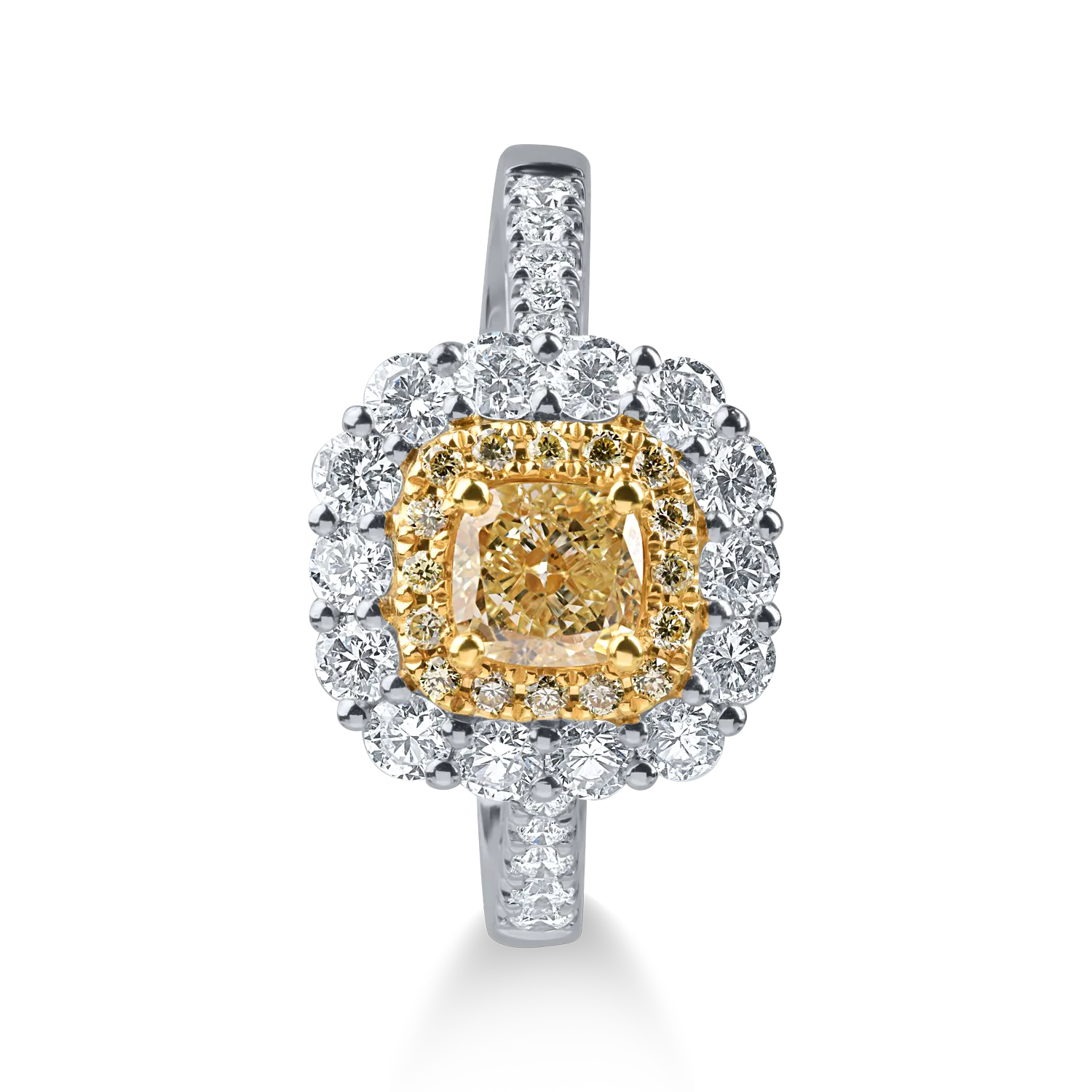 Fehér és sárga arany gyűrű sárga cushion csiszolású gyémánttal 0.71ct és sárga és színtelen gyémántokkal 0.98ct