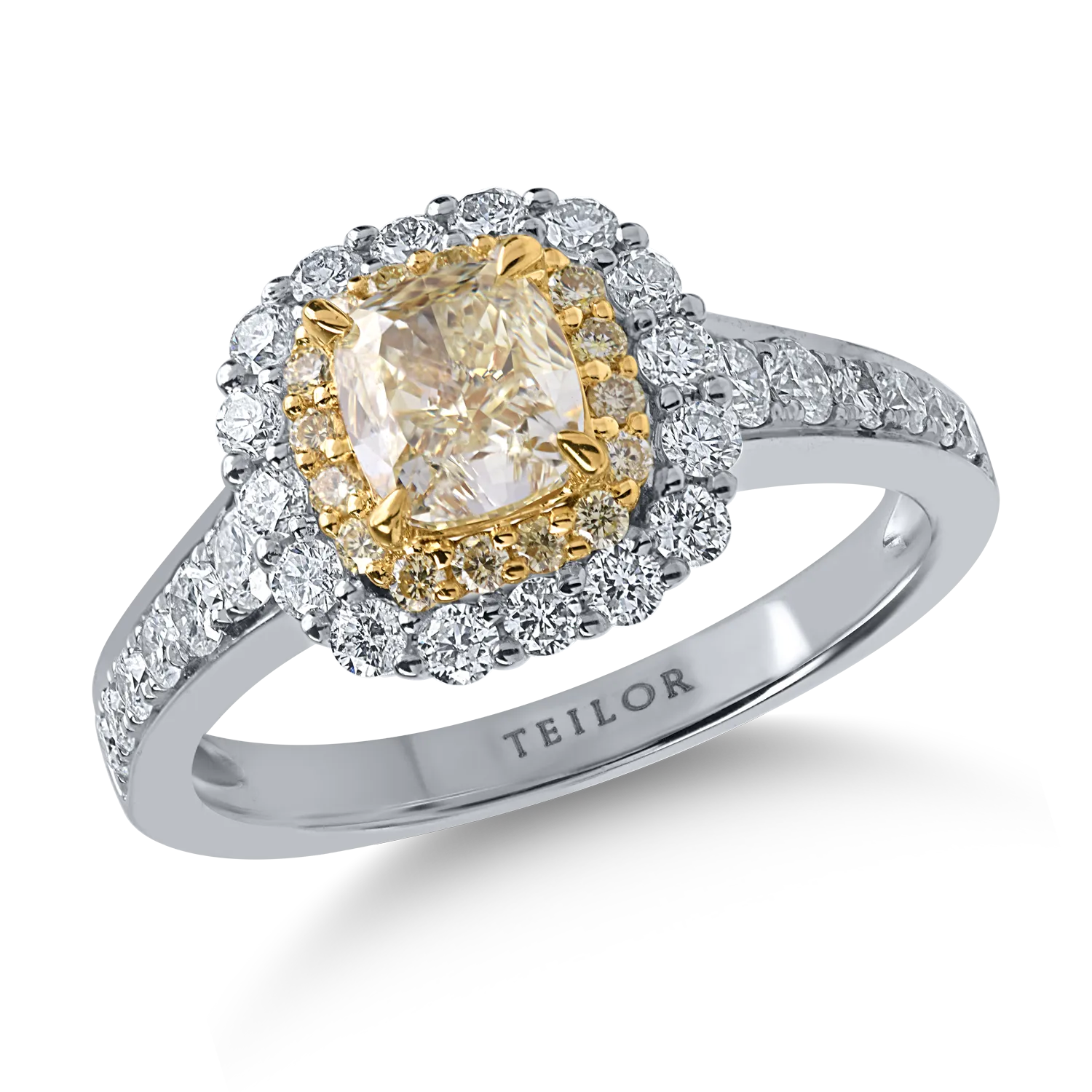 White-yellow gold ring with 2.23ct yellow cushion and round diamonds and clear diamonds-200892