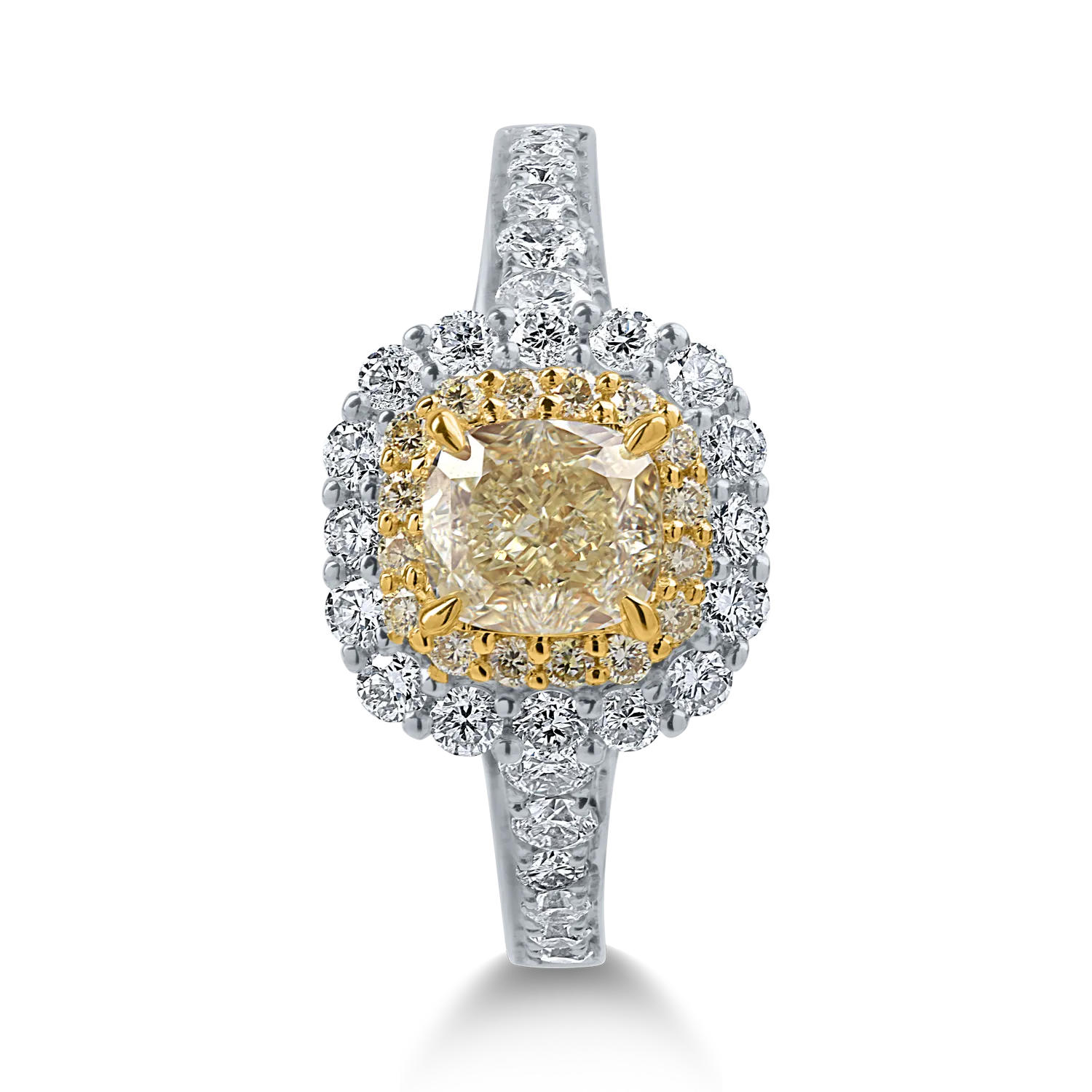 White-yellow gold ring with 2.23ct yellow cushion and round diamonds and clear diamonds