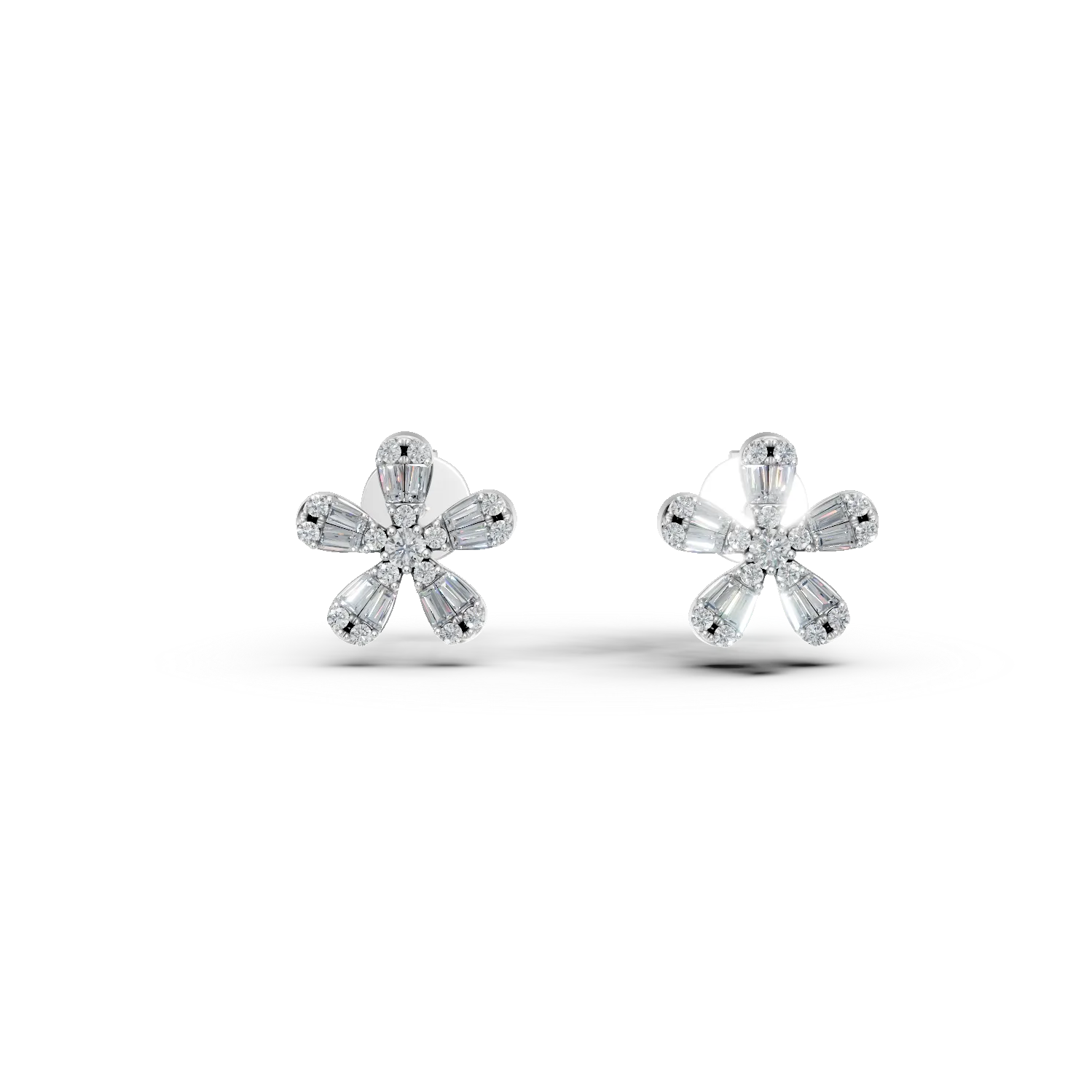 Cercei flori din aur alb cu diamante baguette si rotunde de 0.35ct