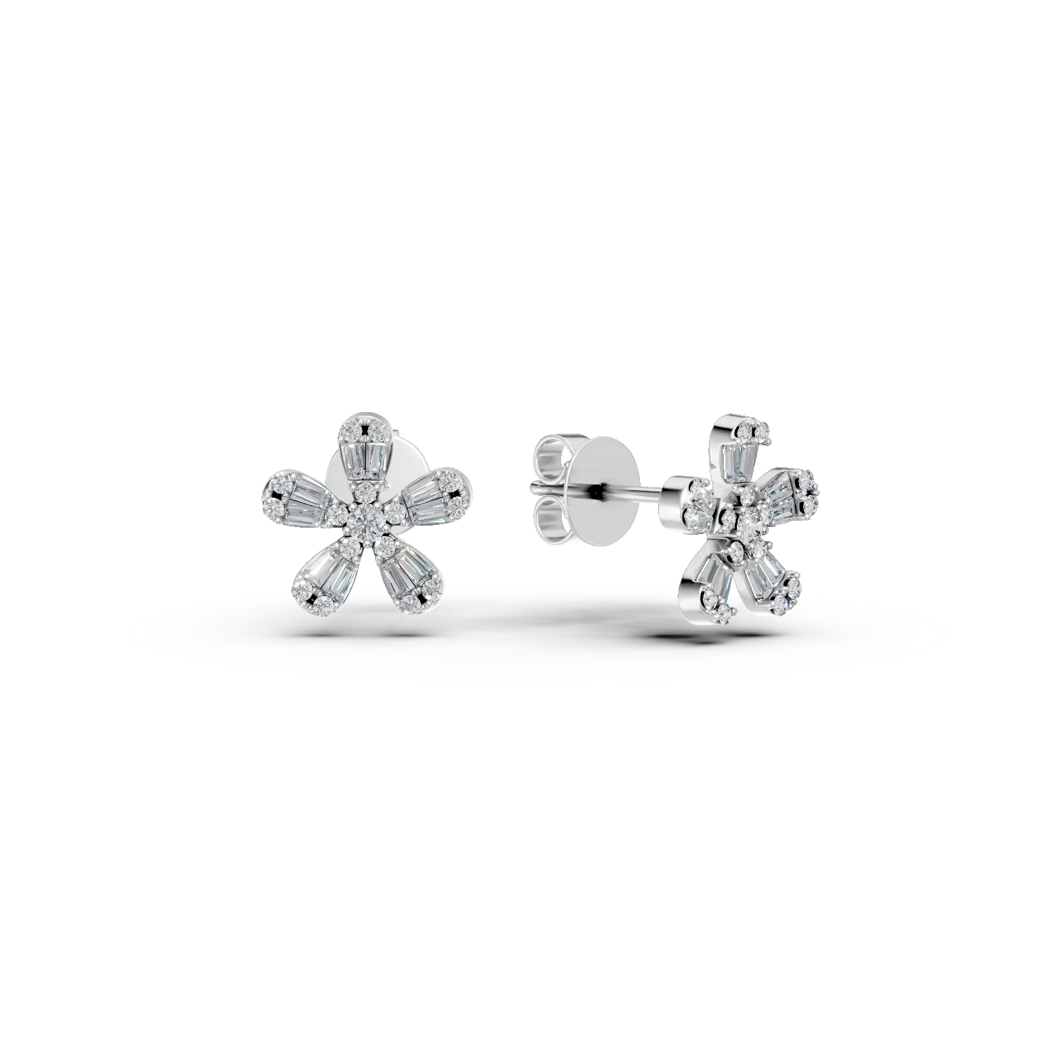Cercei flori din aur alb cu diamante baguette si rotunde de 0.35ct