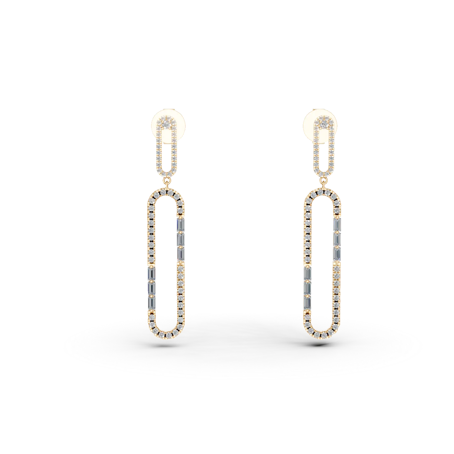 Cercei geometrici din aur galben cu diamante baguette si rotunde de 0.16ct