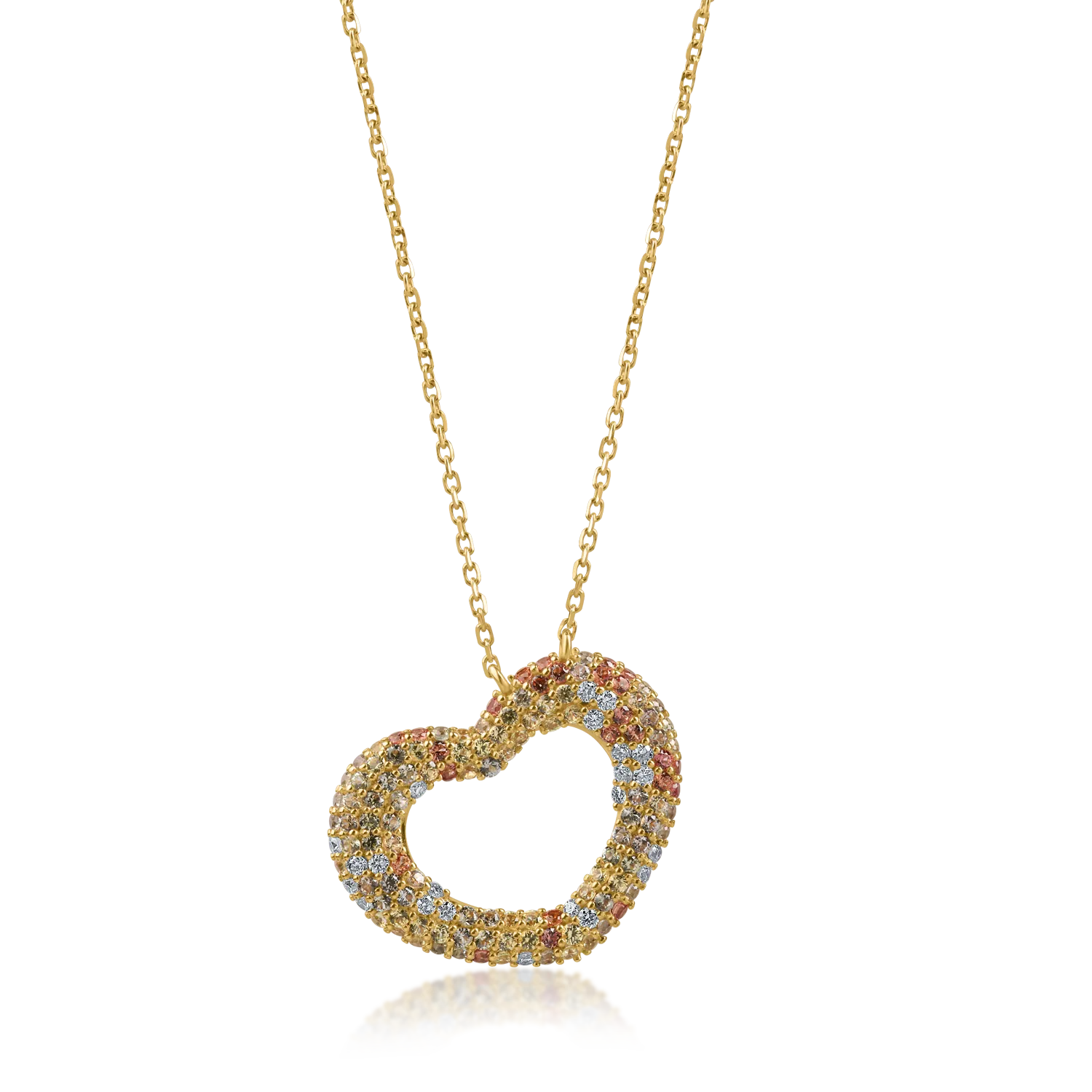 Yellow gold necklace with heart pendant with multicolored sapphires 0.69ct and diamonds 0.11ct-201000