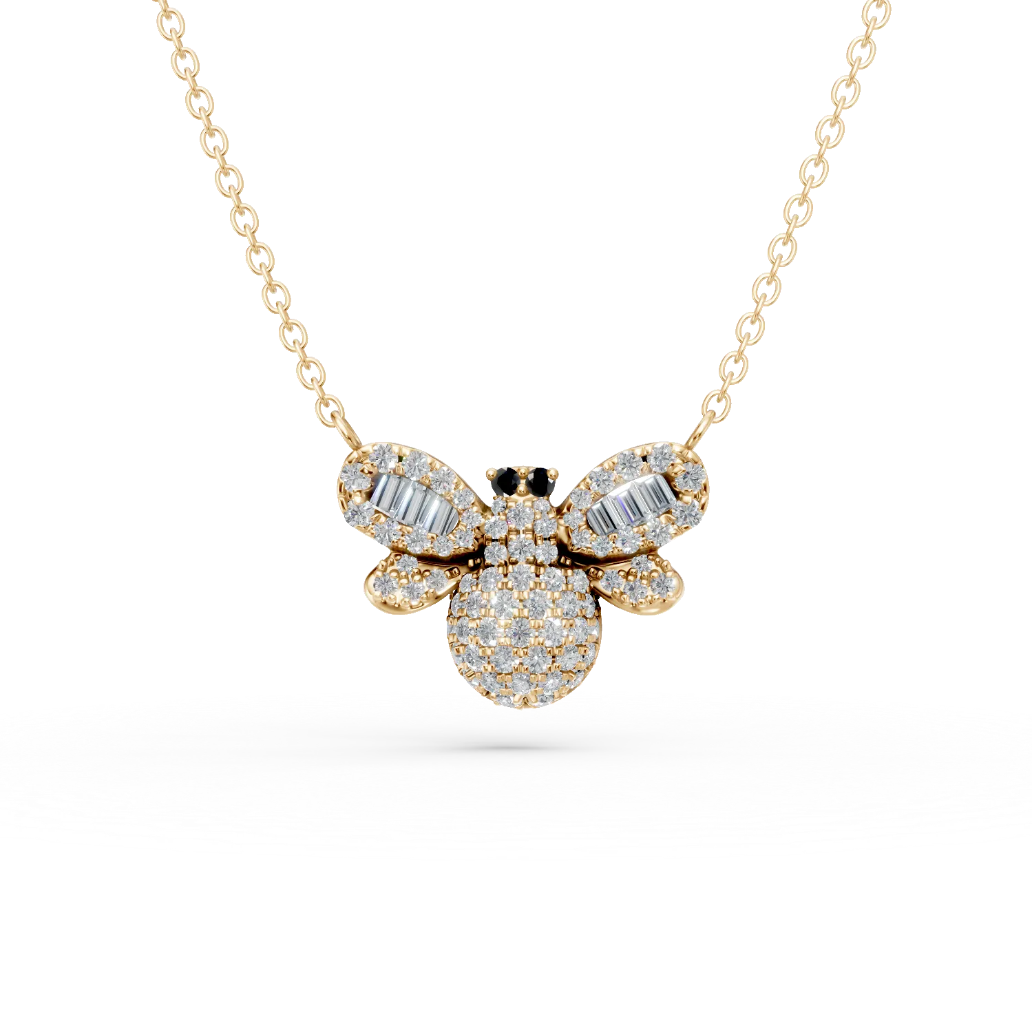 Yellow gold bee pendant necklace with 0.36ct black diamonds and colorless baguette diamonds-201013