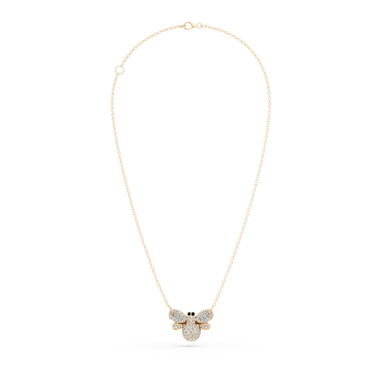 Yellow gold bee pendant necklace with 0.36ct black diamonds and colorless baguette diamonds