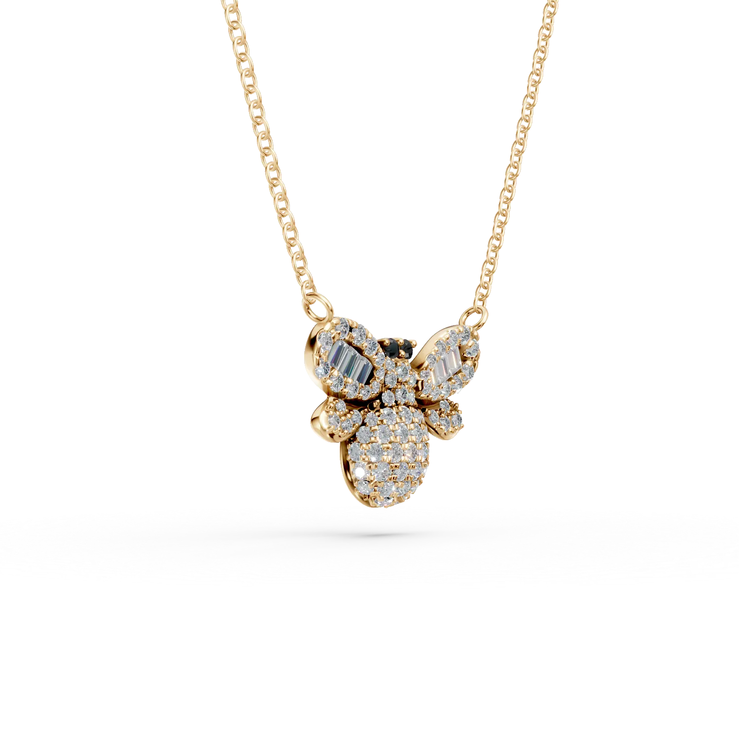 Yellow gold bee pendant necklace with 0.36ct black diamonds and colorless baguette diamonds